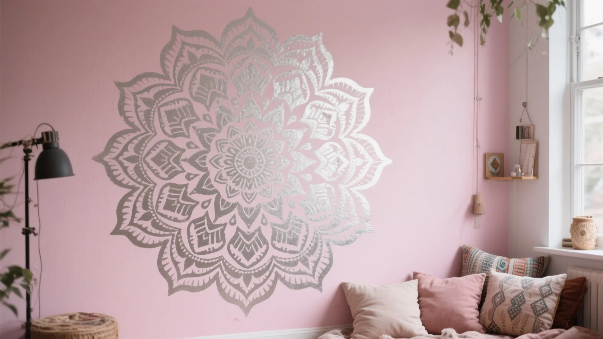 Large silver mandala on pink wall with black floor lamp and colorful pillows near the window