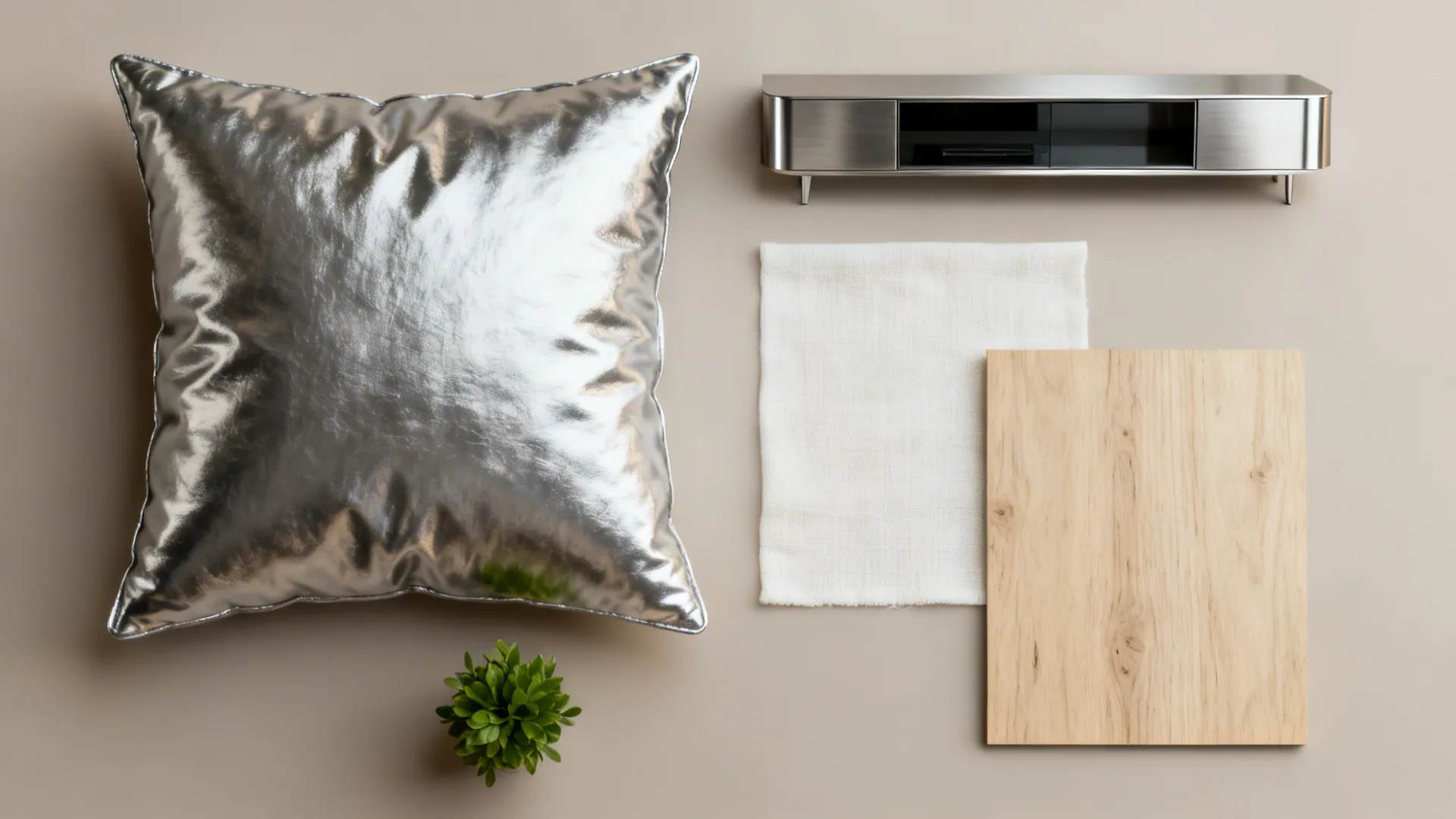 Flat lay showing a silver pillow, metal cabinet, white cloth, wood panel, and a small plant