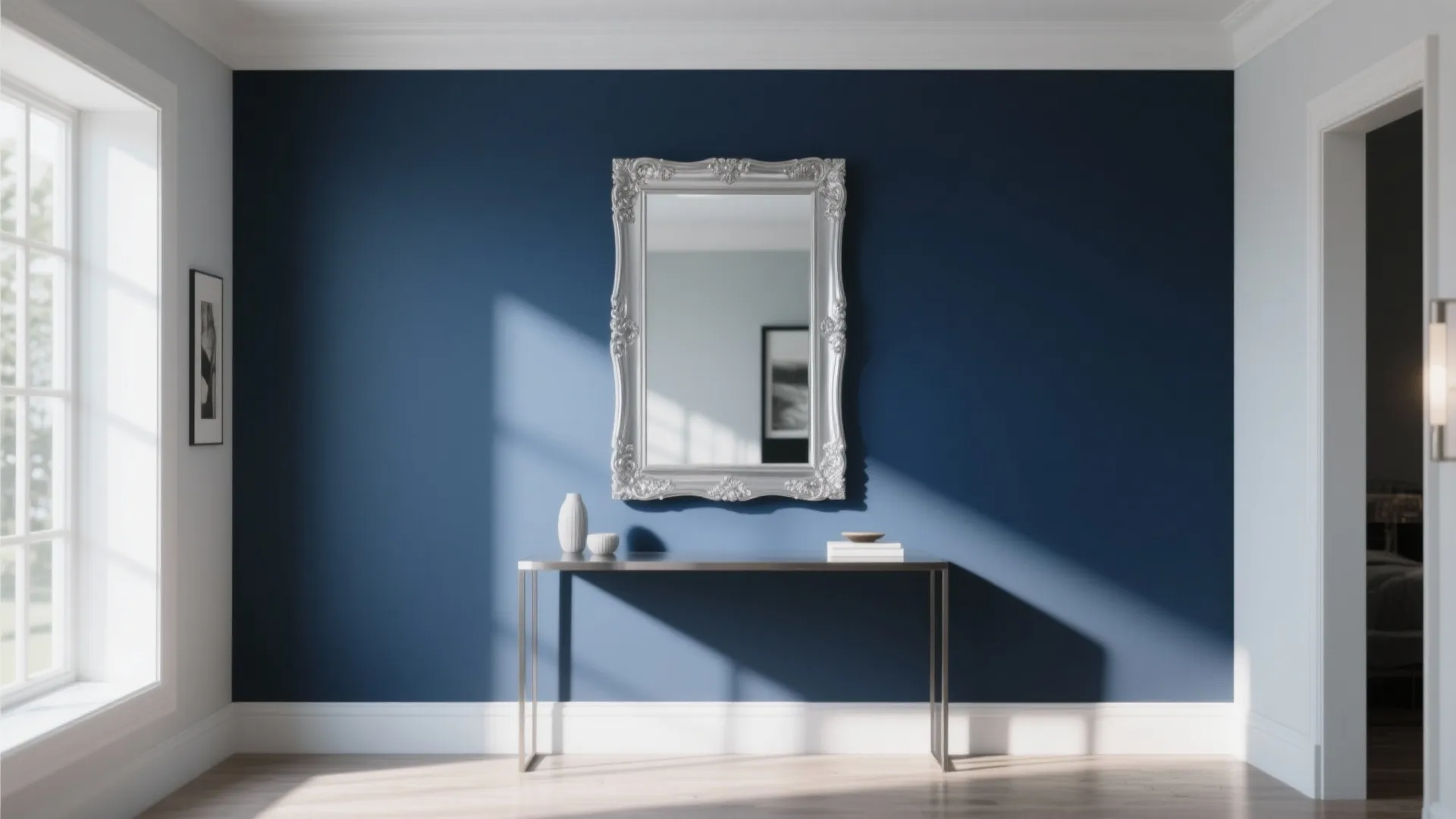 9. Silver Mirror on Navy Wall