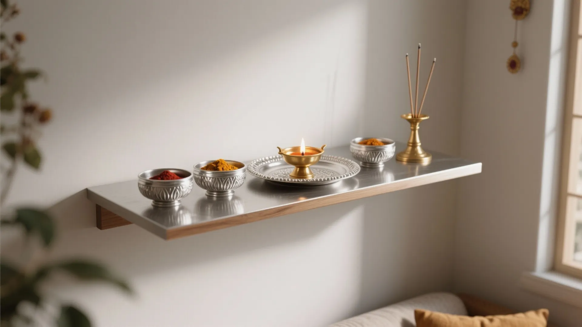 Minimalist silver pooja plate with modular bowls on a wall-mounted mandir shelf, calm styling under soft daylight.