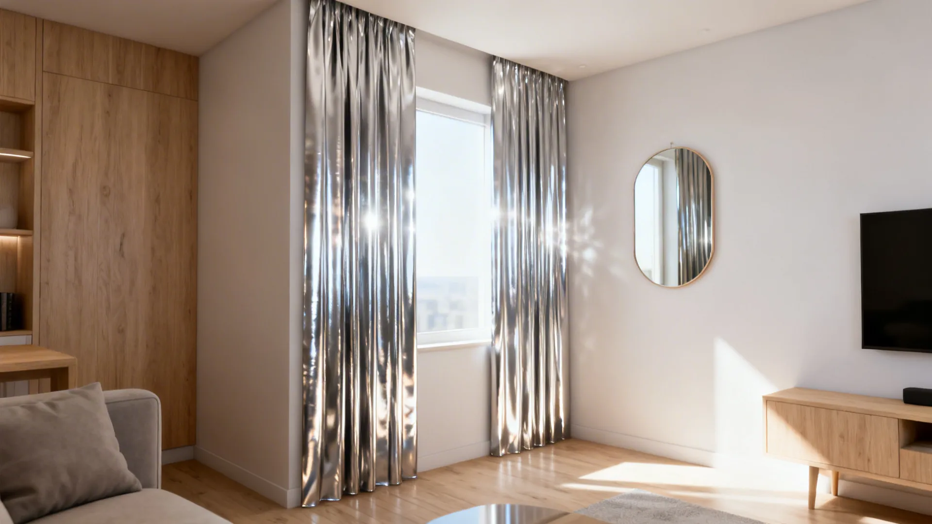Modern living room with shiny silver curtains near window plus wooden floor and round mirror