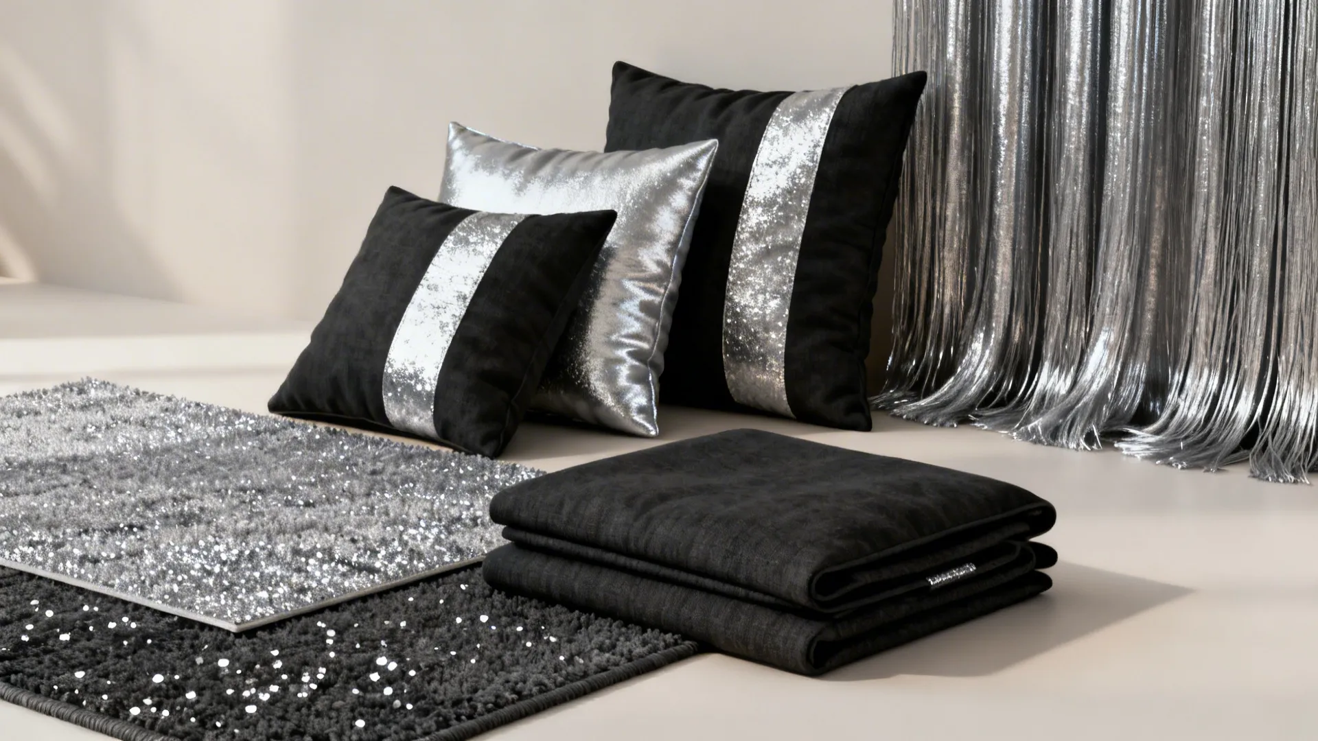 Flatlay of cushions, curtain swatch and rug sample with silver accents and removable covers.