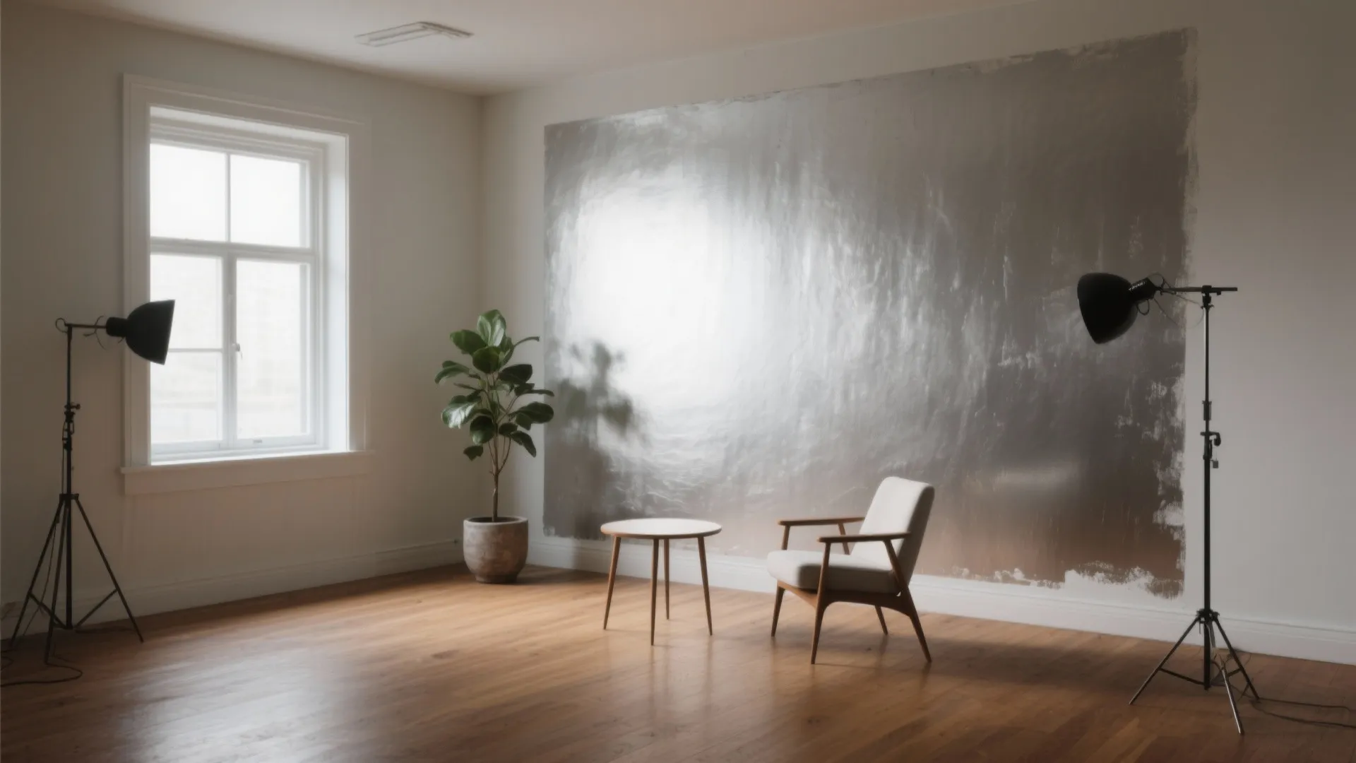 Modern studio room featuring silver wall panel with wooden floor chair small table and plant