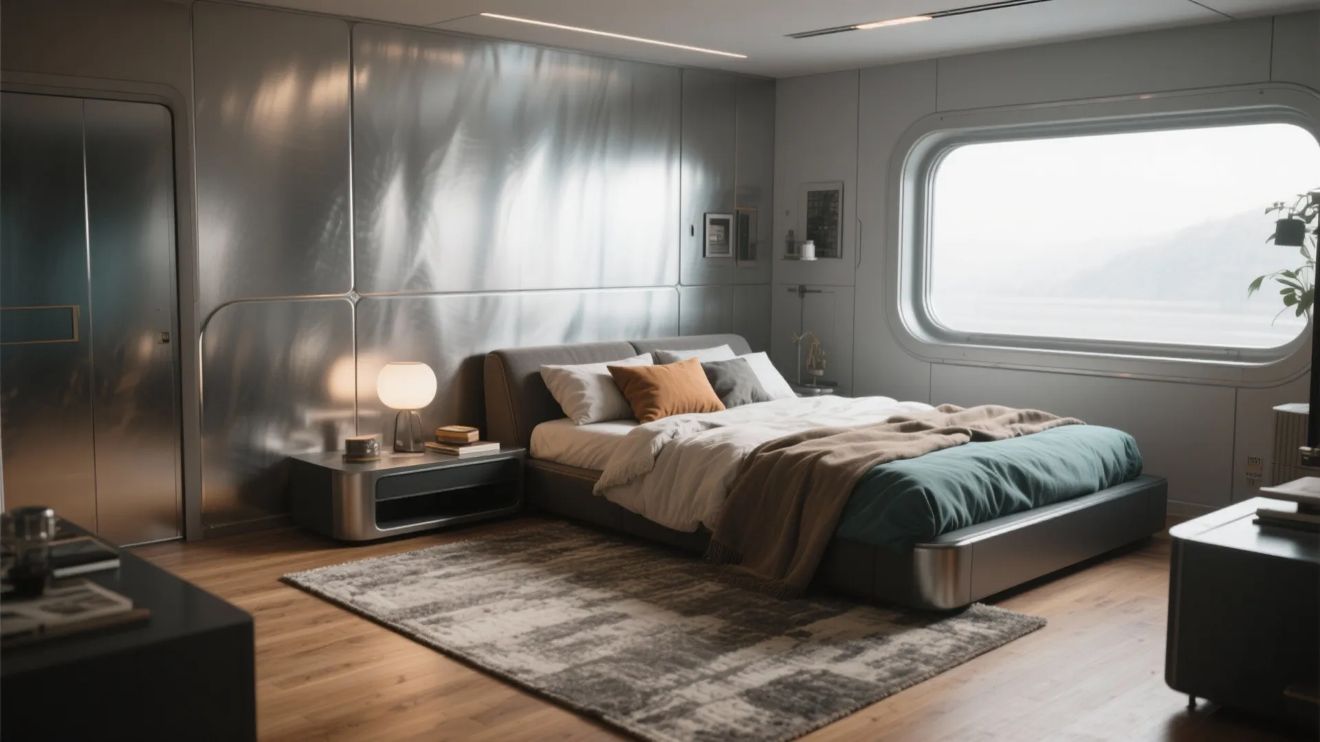 Modern futuristic bedroom featuring metallic wall panels a large window wood floor and soft table light