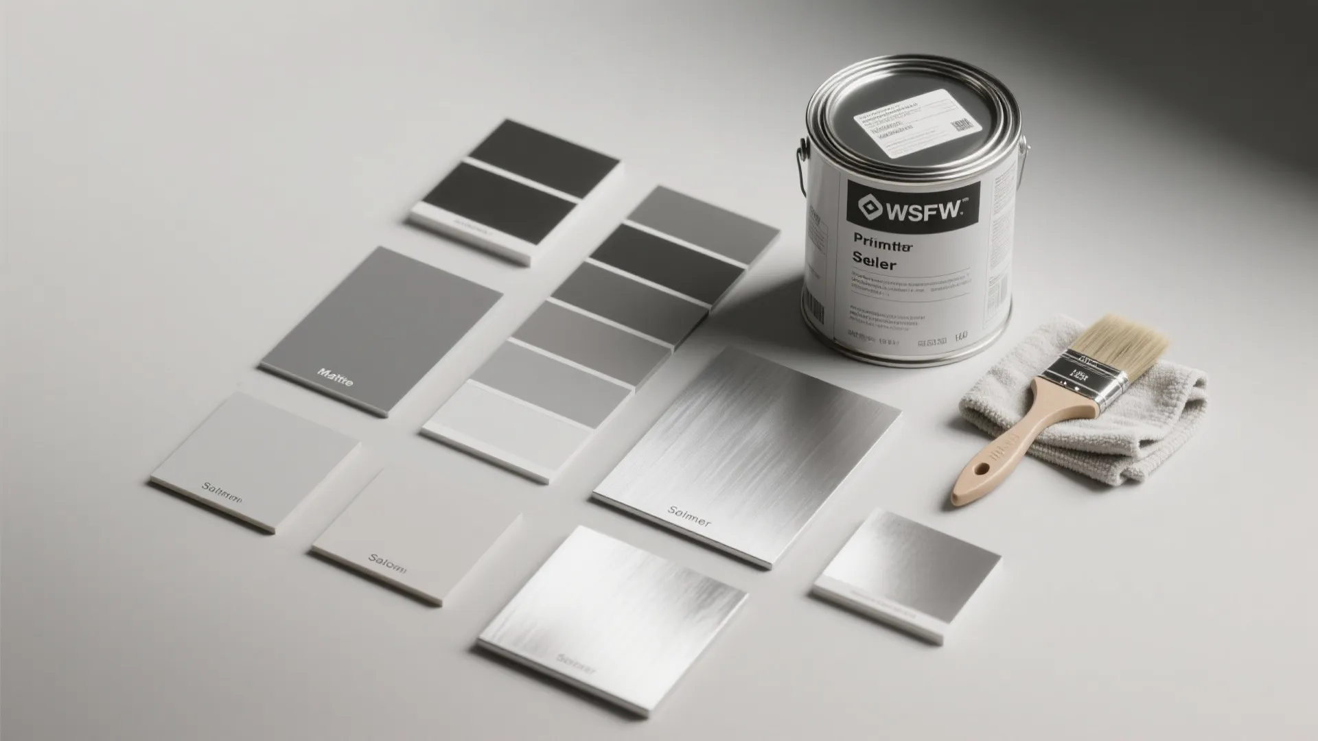 Interior design material board with grey color swatches, paint can, brush, and metal finish samples