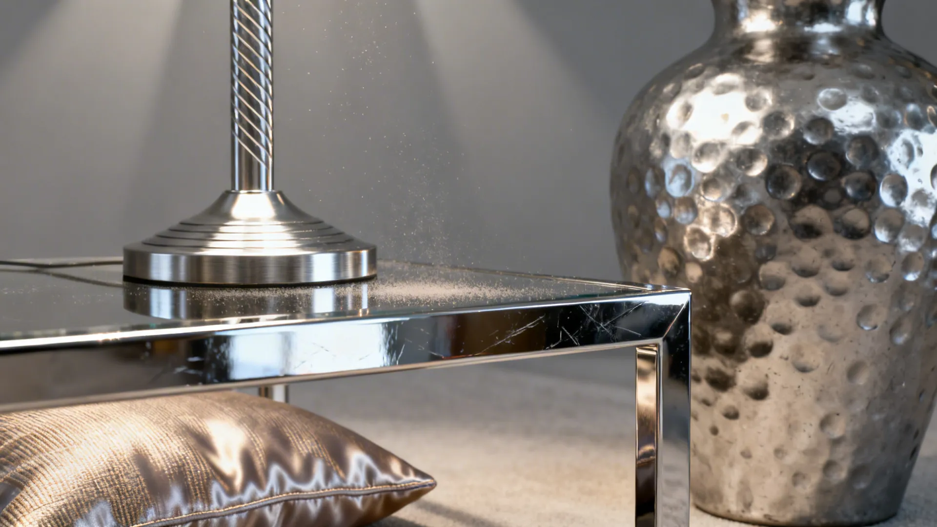 Close-up of mixed silver finishes: chrome, brushed nickel, hammered steel and silk-sheen fabric.