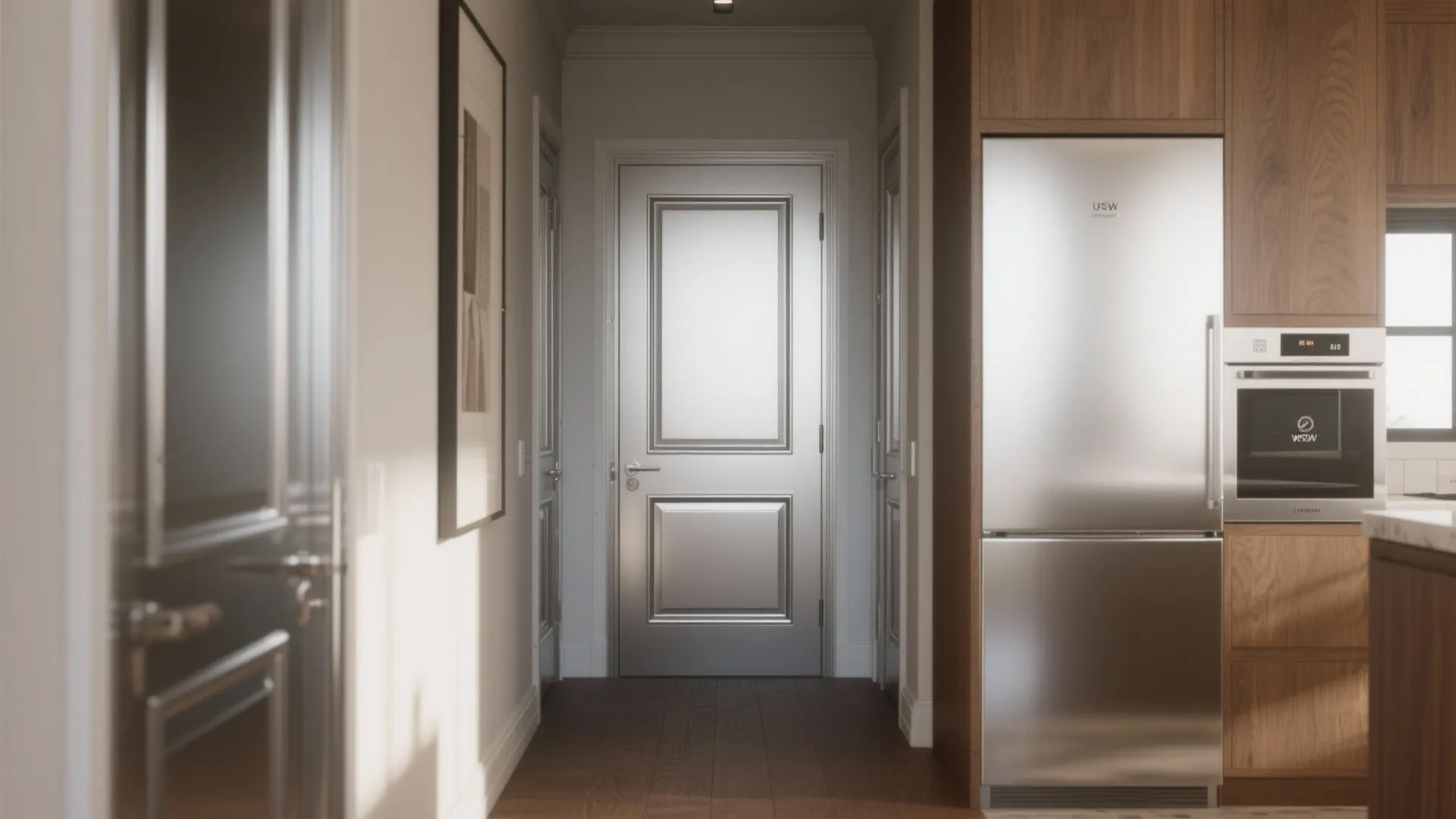 Kitchen hallway showing a silver door near wooden cabinets with a built-in fridge and oven