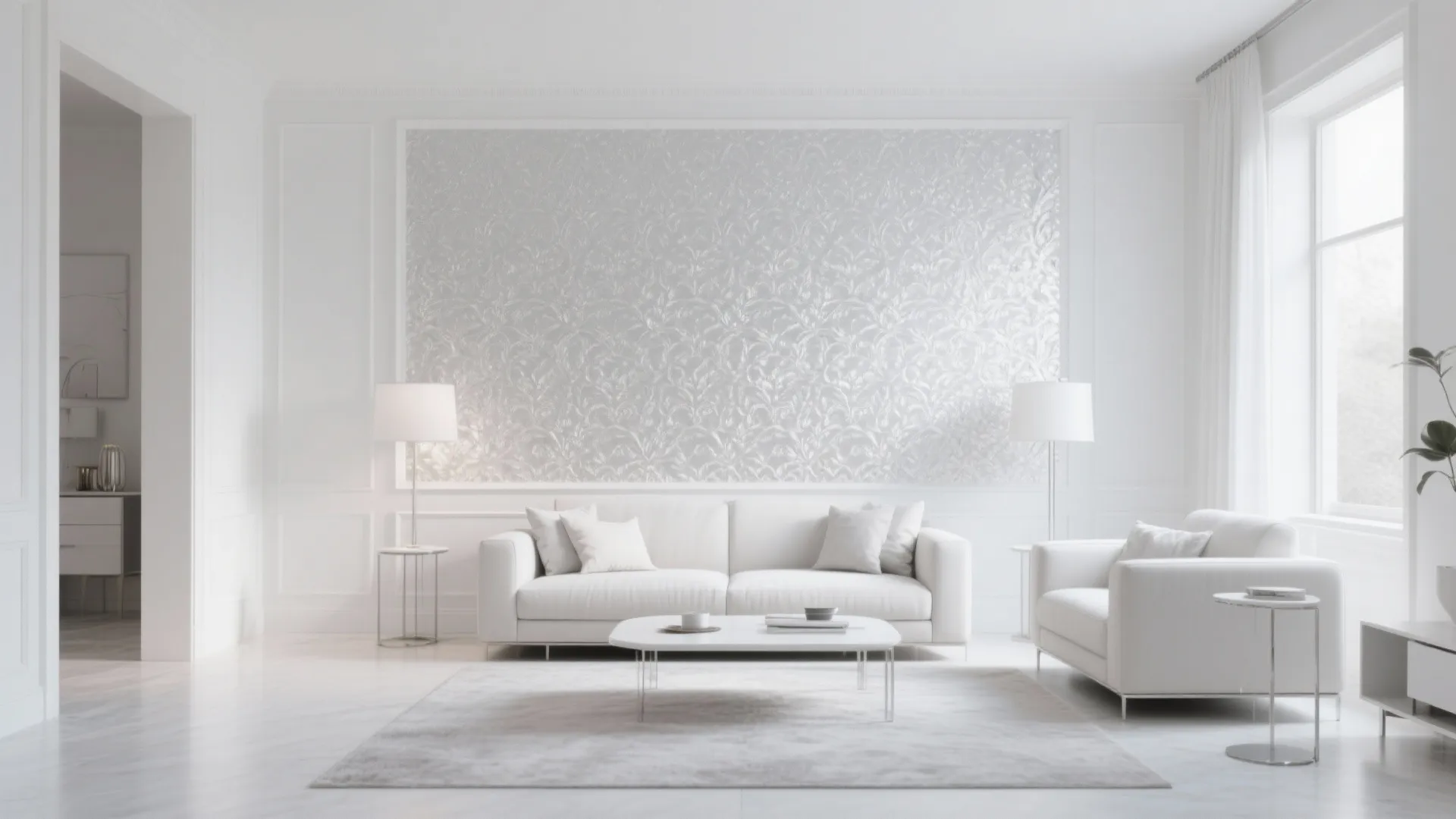 Living room with silver patterned wallpaper accent wall