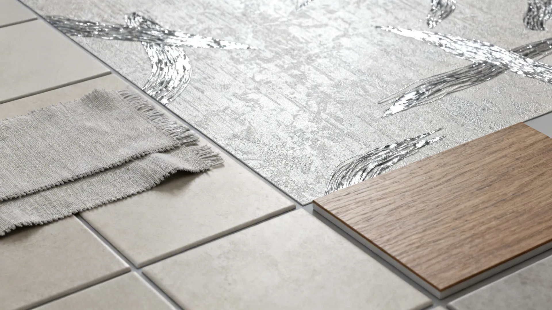 Flatlay of silver-toned textural wallpaper swatches with complementary wood and fabric samples.