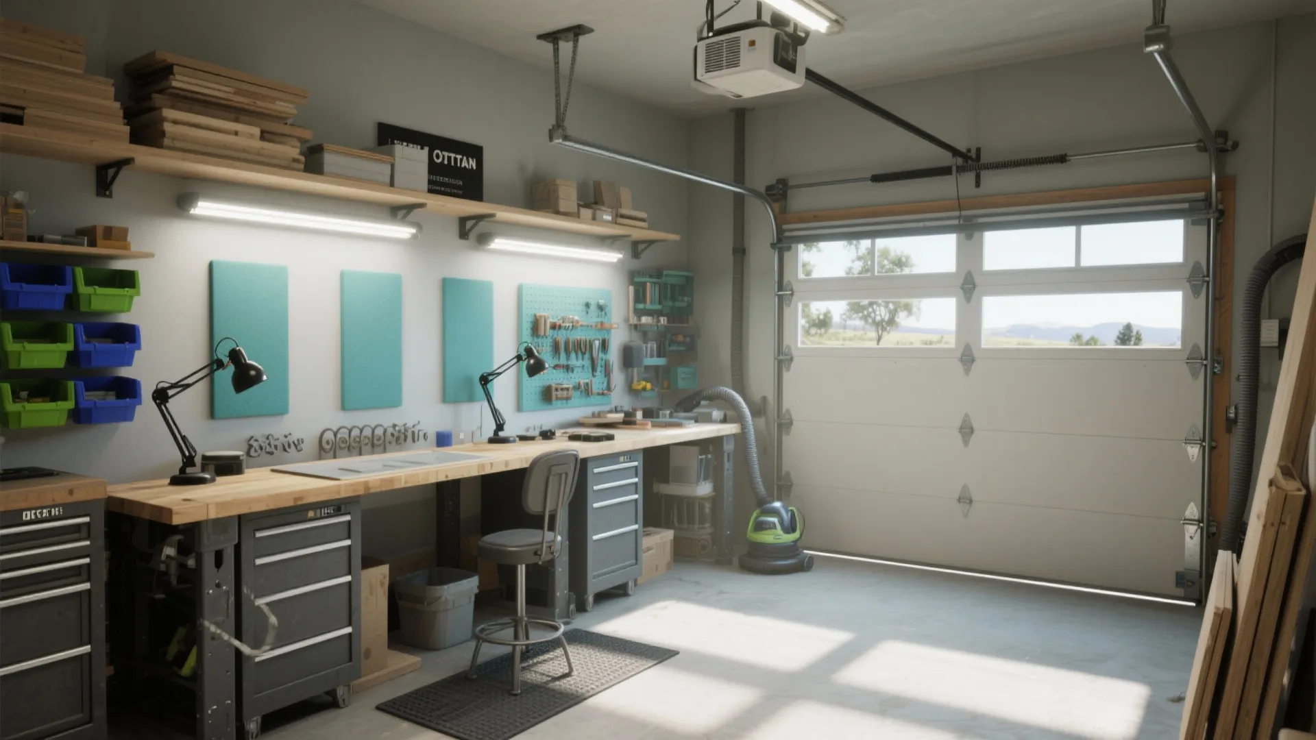 Modern garage workshop with wooden workbench grey storage cabinets tools shelves and bright natural outdoor light