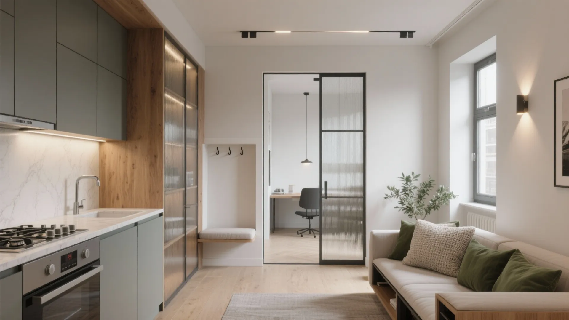 Small apartment interior showing kitchen area sofa and glass door leading to a home office room