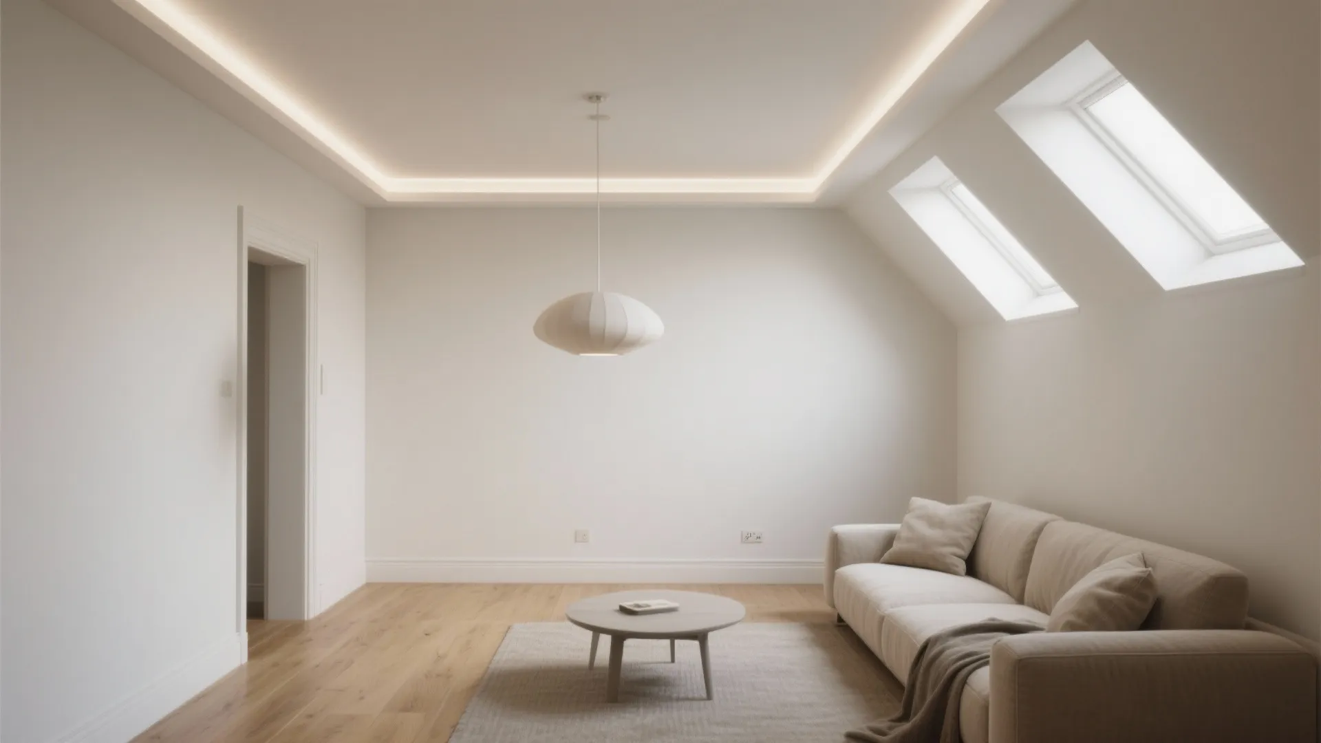 Modern living room showing white sofa round coffee table ceiling light wood floor and windows