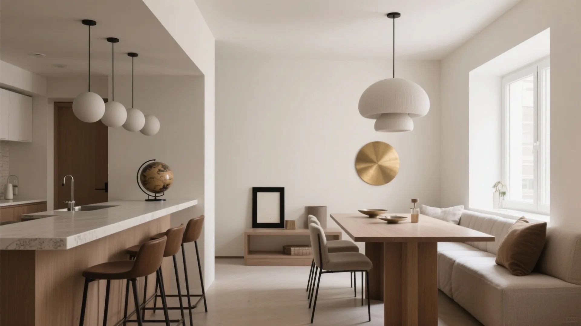 Open-plan small dining area with a simple chandelier and layered textures.