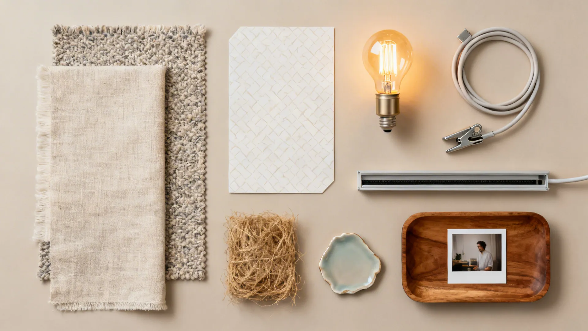 Top-down flat lay of textiles, wallpaper, lighting, wood, ceramic, and a small framed photo in a warm-neutral palette.
