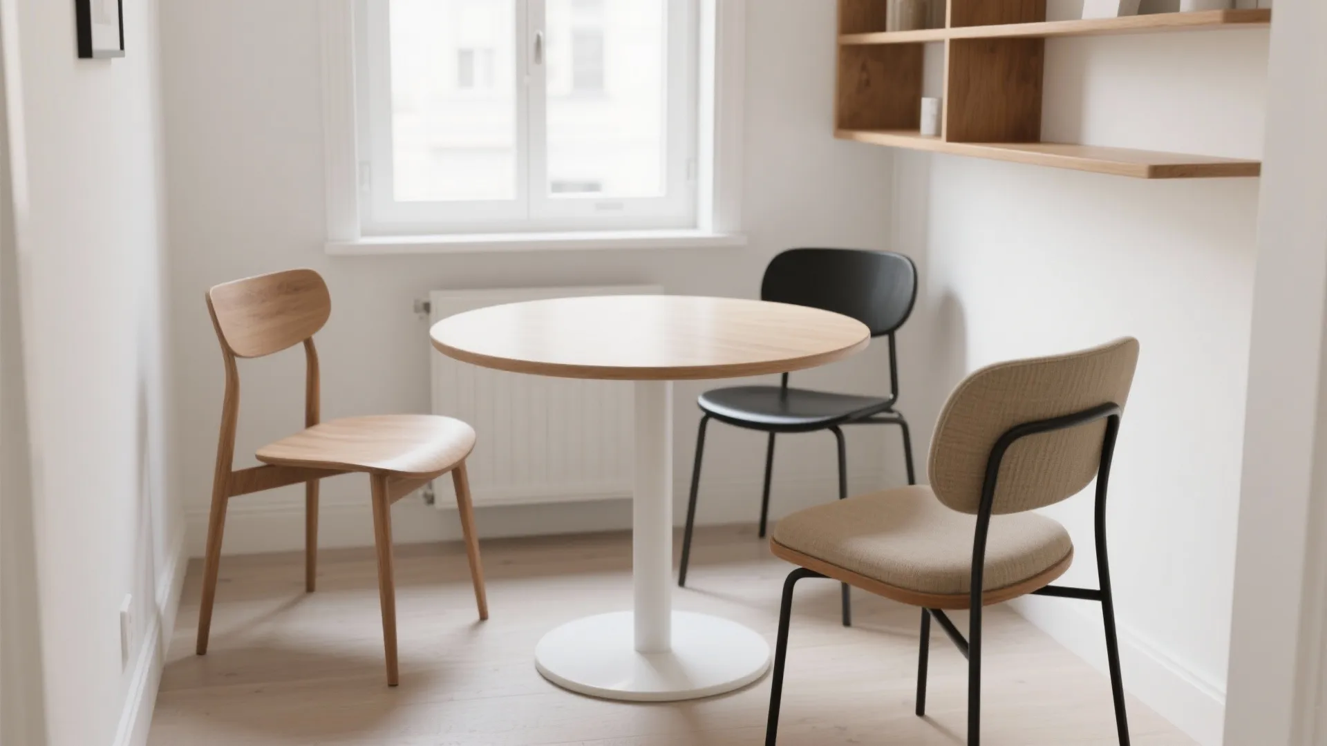 Modern dining area with round wood table three different chairs white walls and wooden wall shelf