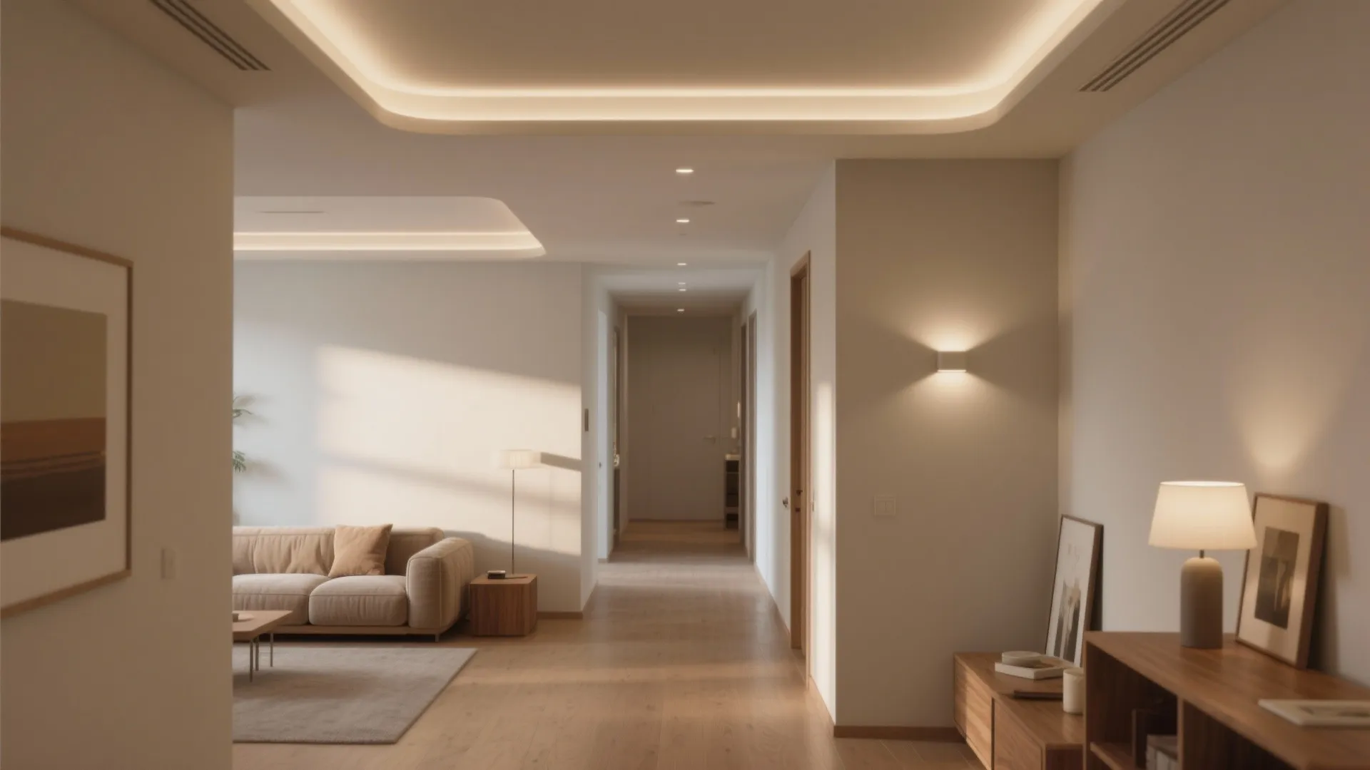 Modern hallway interior with warm ceiling light sofa wood floor wall light and minimalist furniture design