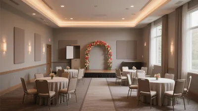 Elegant Event Hall with Floral Arch & Warm Lighting
