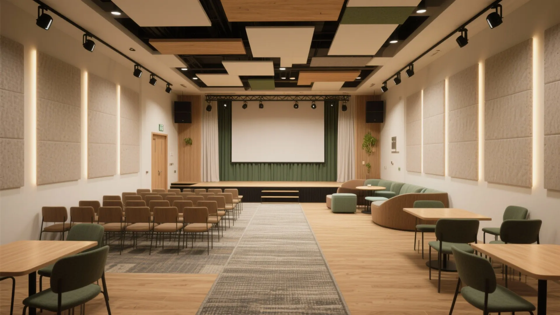 Modern hall showing a stage white screen green curtains rows of chairs and green sofas