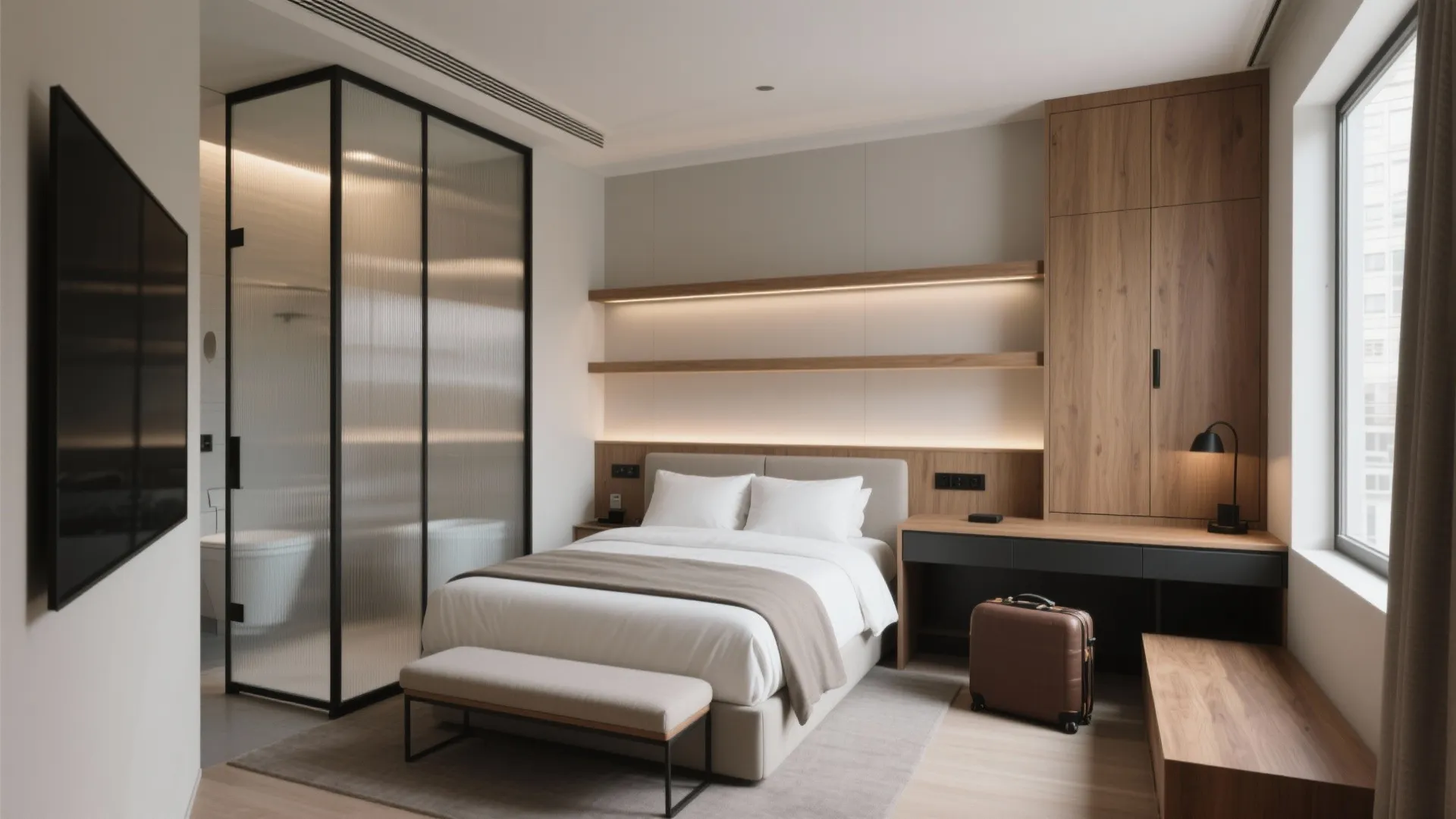 Modern bedroom featuring white bed, wooden cabinet, glass bathroom area, desk, suitcase, and natural light