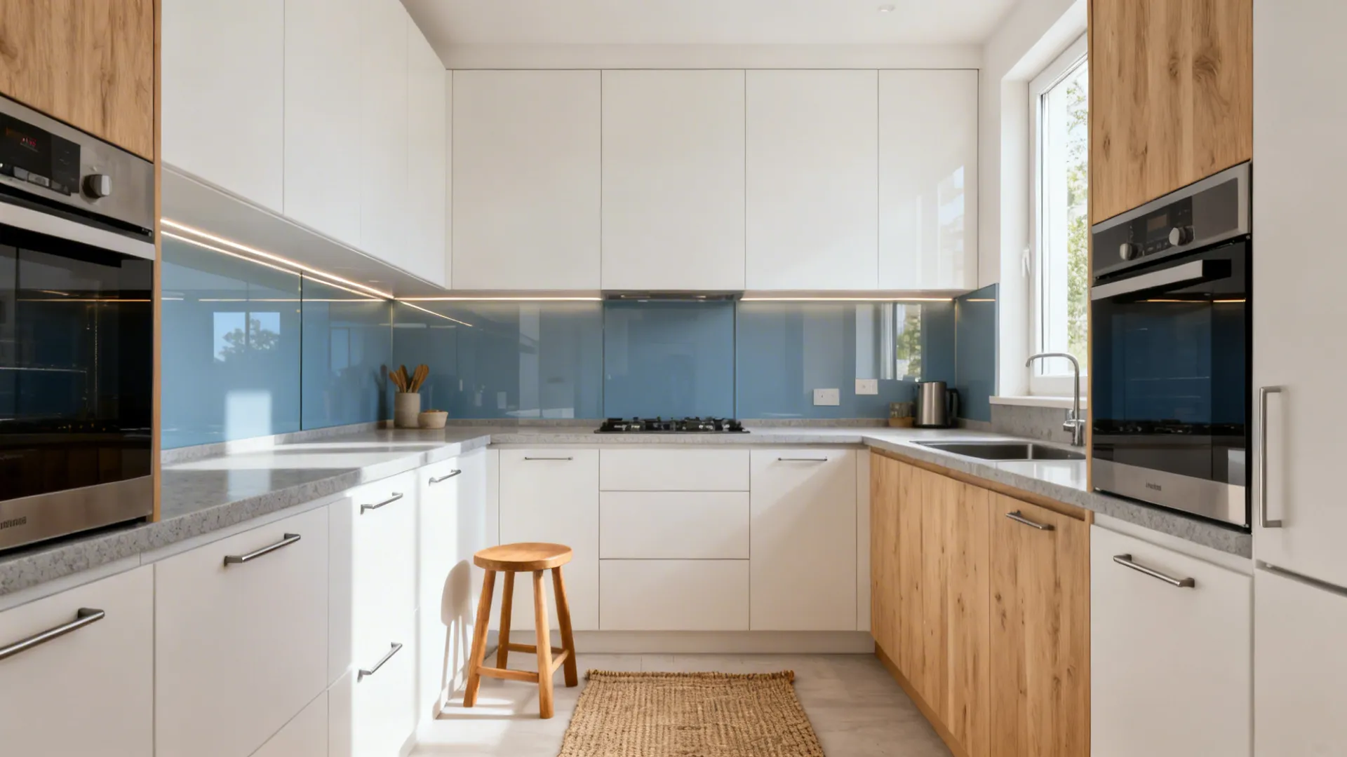 Modern kitchen featuring white cabinets, blue backsplash, wooden stool, small rug, ovens, and natural light