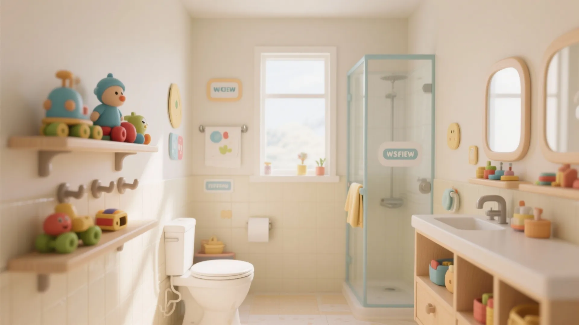 Small bright child bathroom featuring glass shower stall white toilet wood shelves and many colorful toys