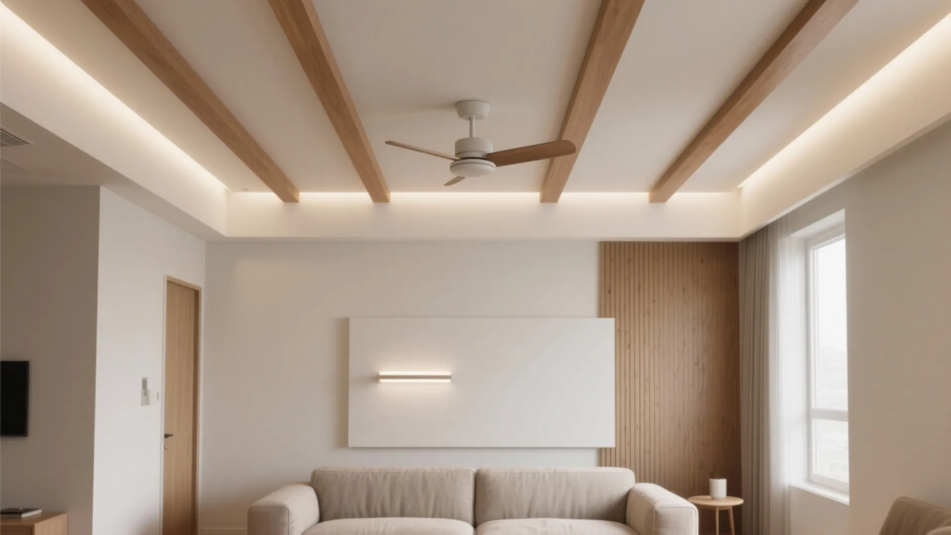 Modern living room with wood ceiling beams white sofa wall light and wooden wall panel