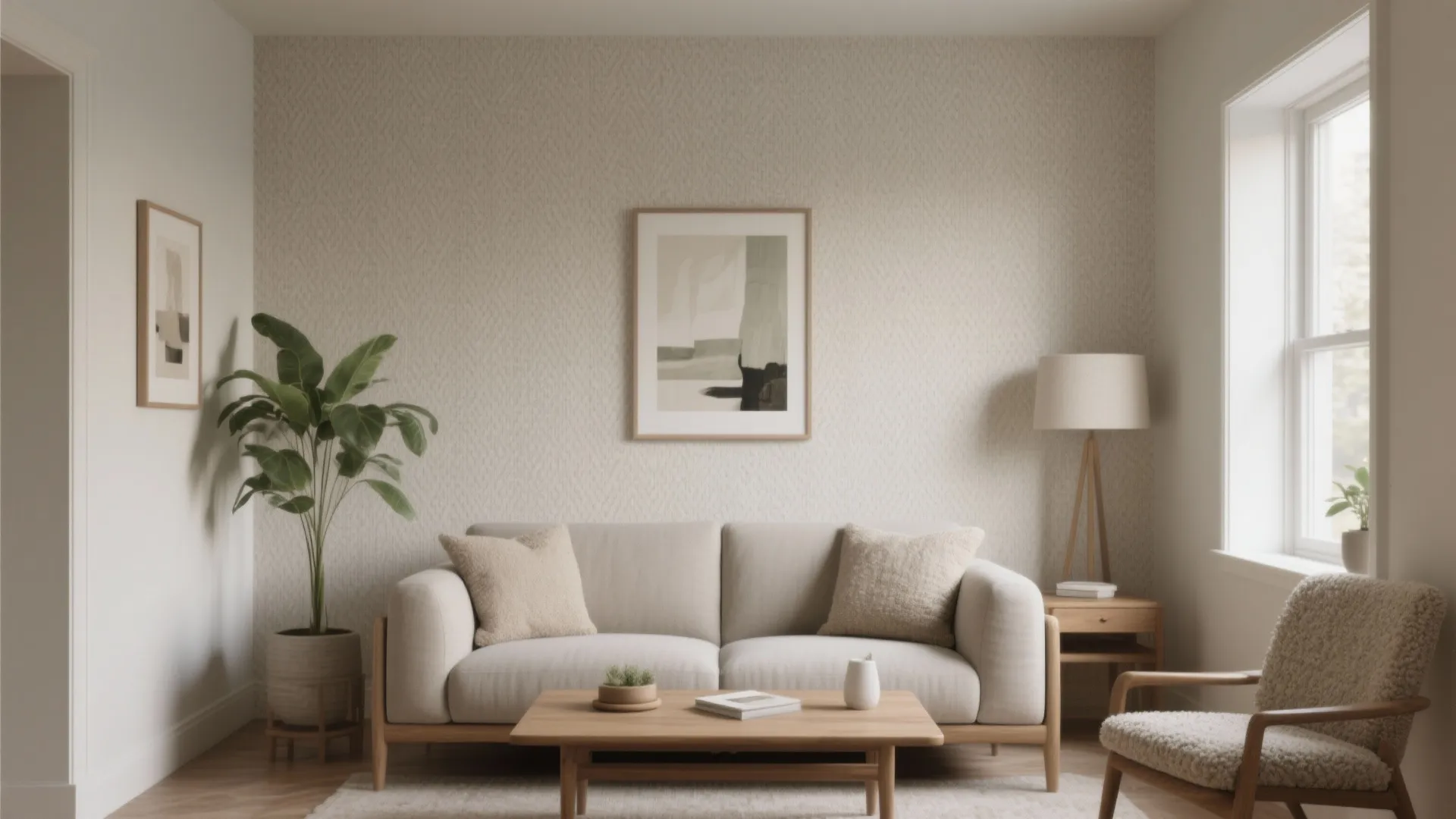 Minimalist living room with beige sofa wooden coffee table floor lamp potted plant and wall art