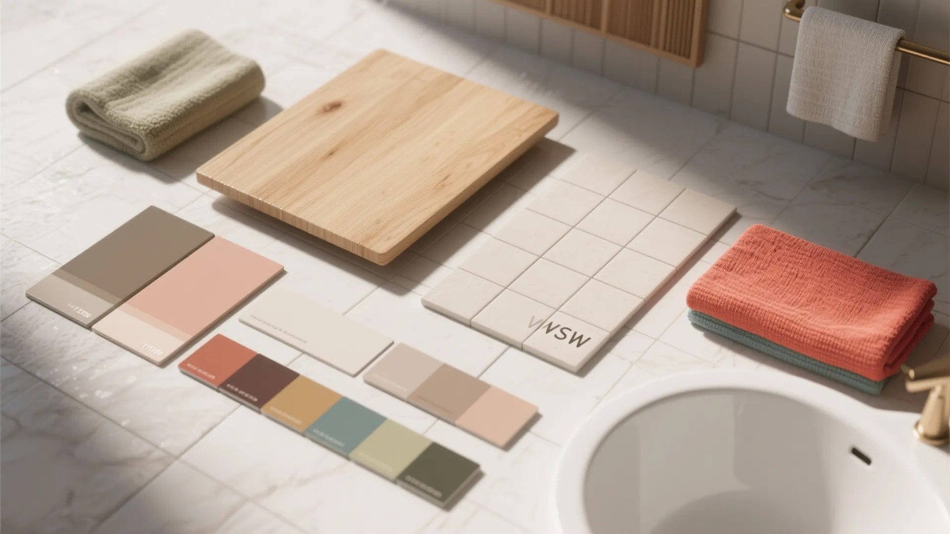 Selection of bathroom materials featuring wood board color swatches small tiles and soft folded towels