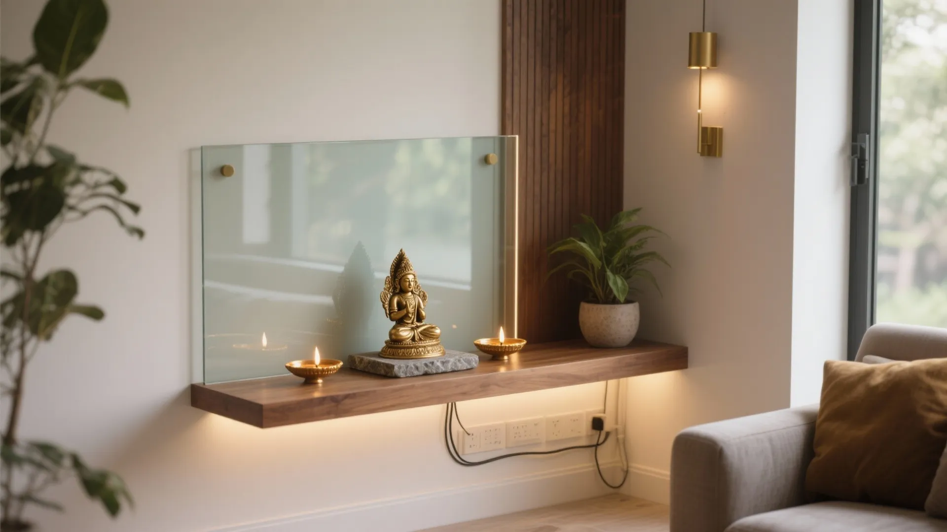 Floating wooden shelf with small golden statue, two candles, glass panel, and modern wall light