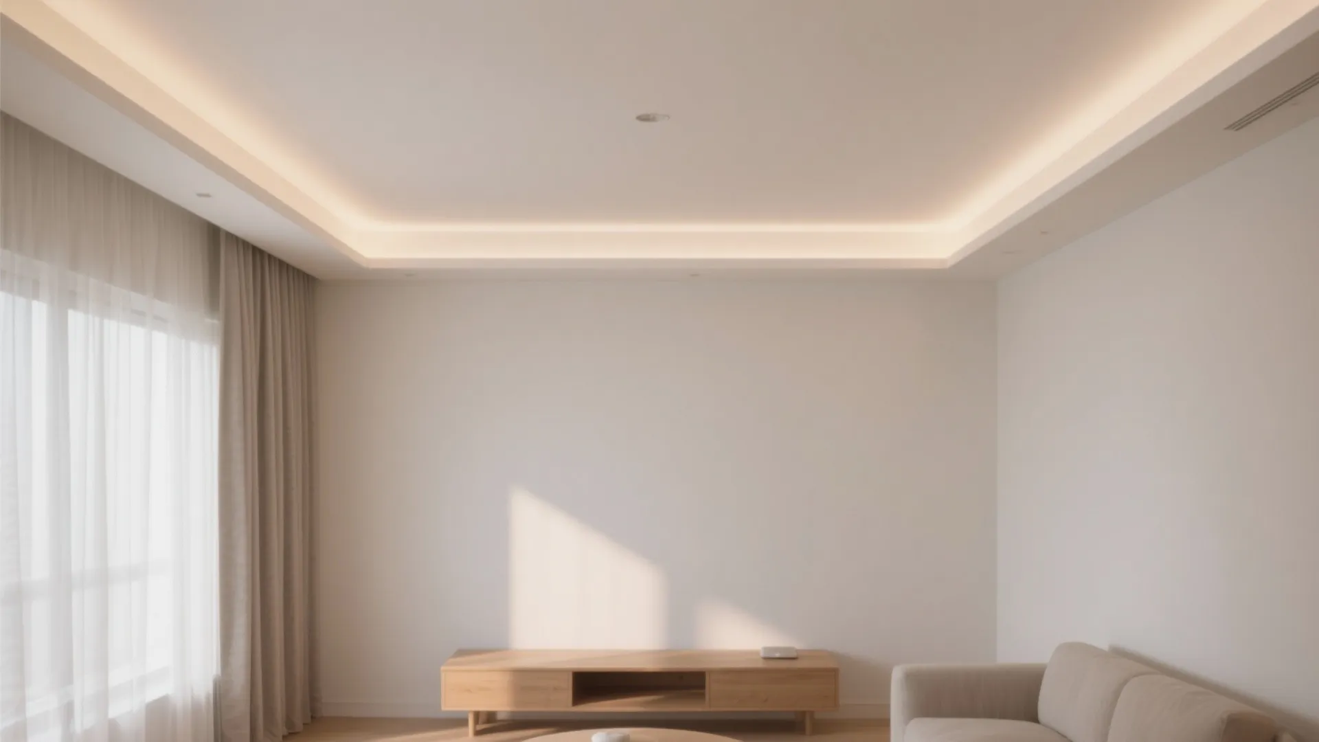 Modern minimalist living room featuring a recessed ceiling light with hidden strip lighting and curtains