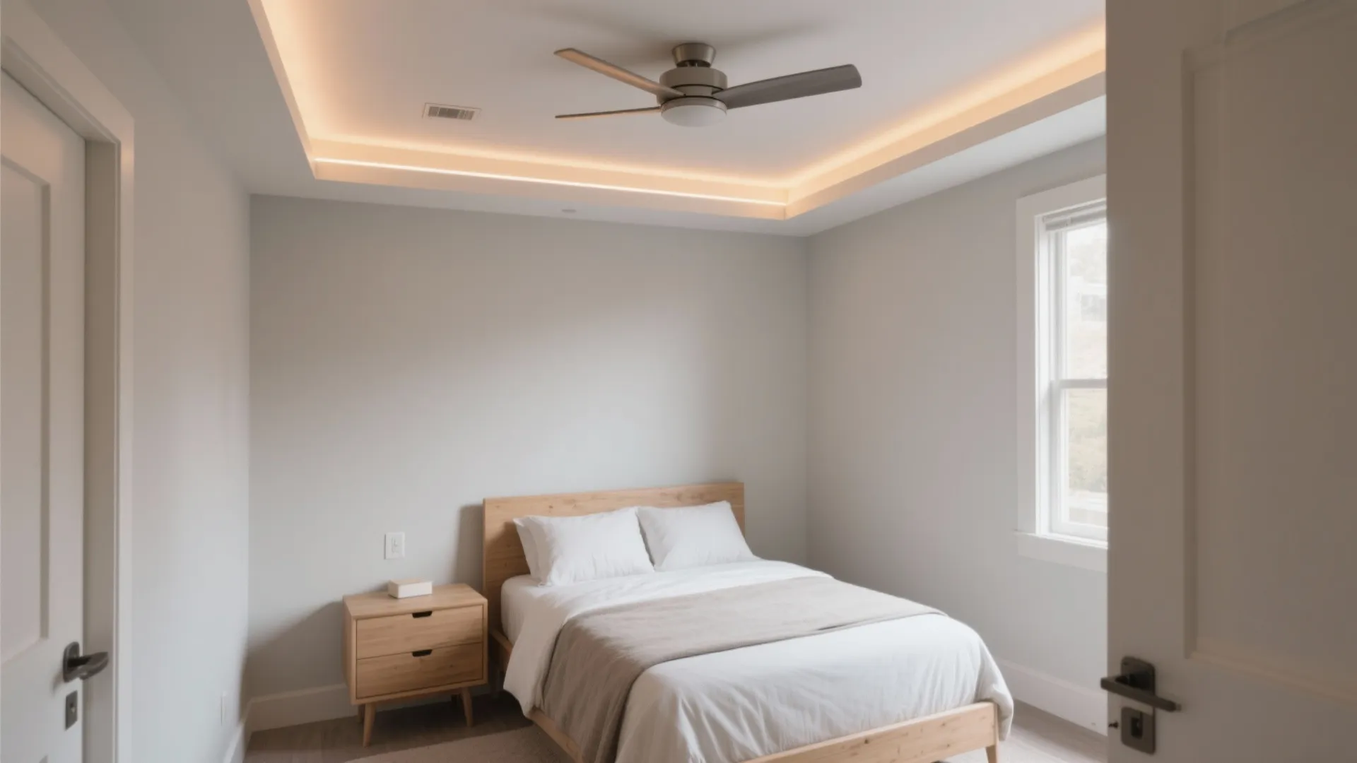 Minimalist white bedroom with wooden bed frame ceiling fan warm light fixture and window view