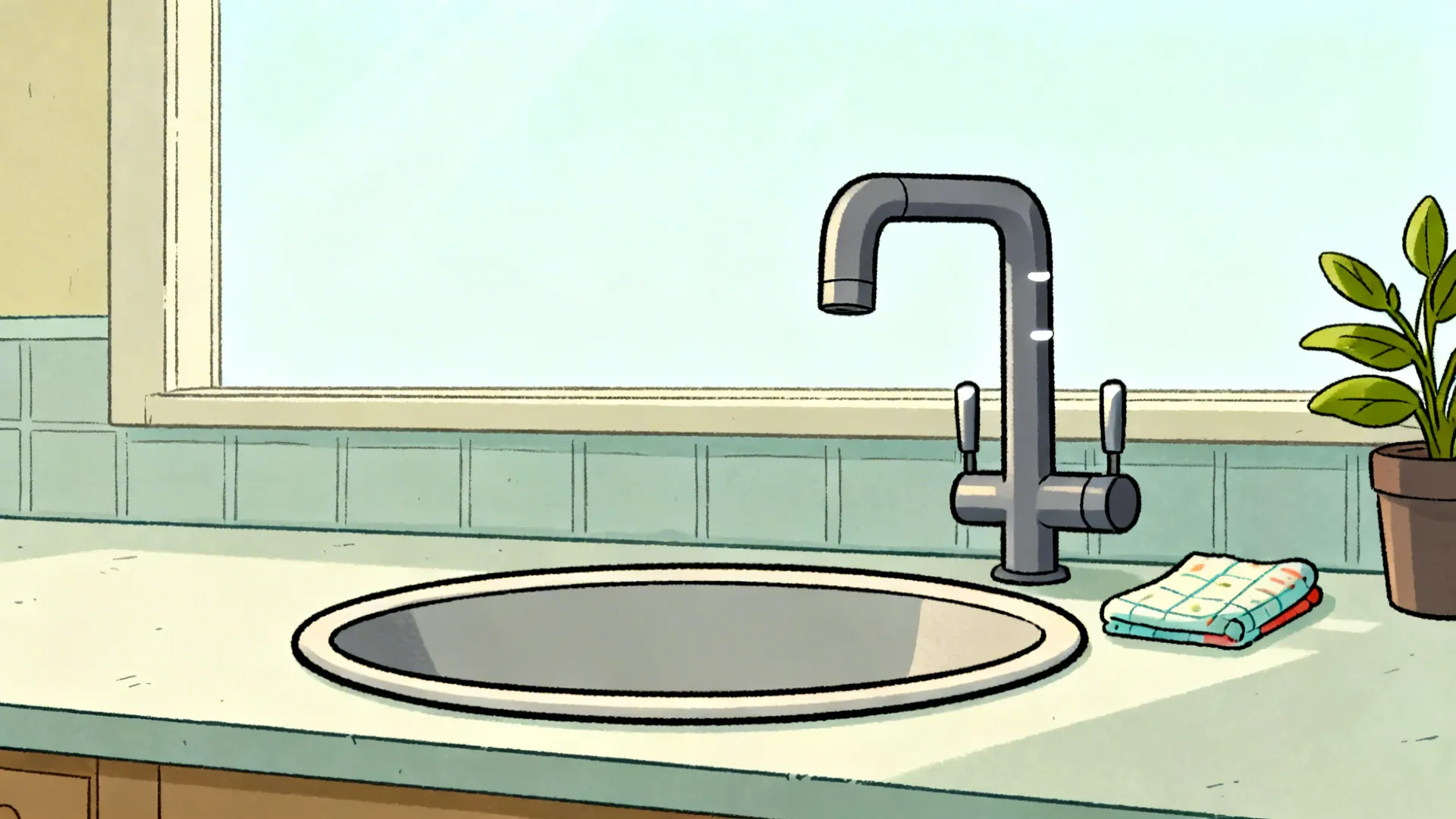Simple cartoon kitchen scene with a rounded basin, gooseneck faucet, and a single prop in soft daylight.