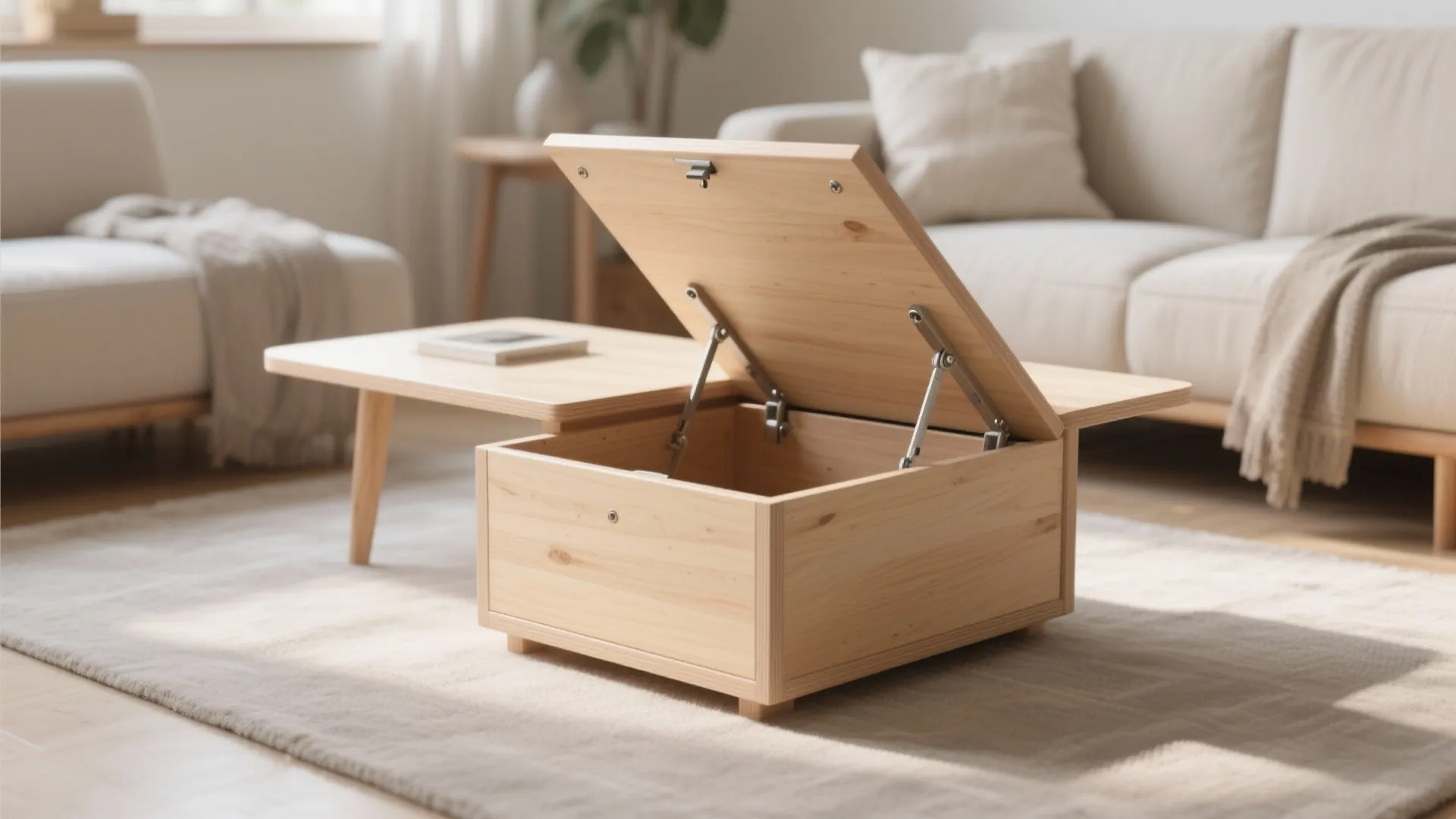 Light wood coffee table with a lift top revealing hidden storage space in living room