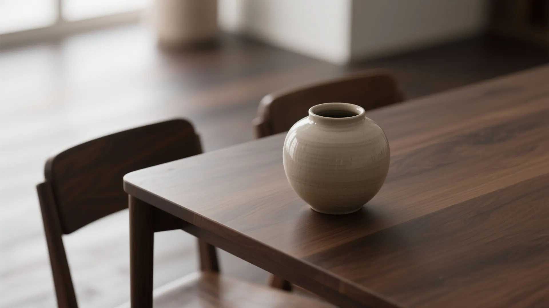 Small round ceramic vase placed on a dark wood dining table in a minimalist room