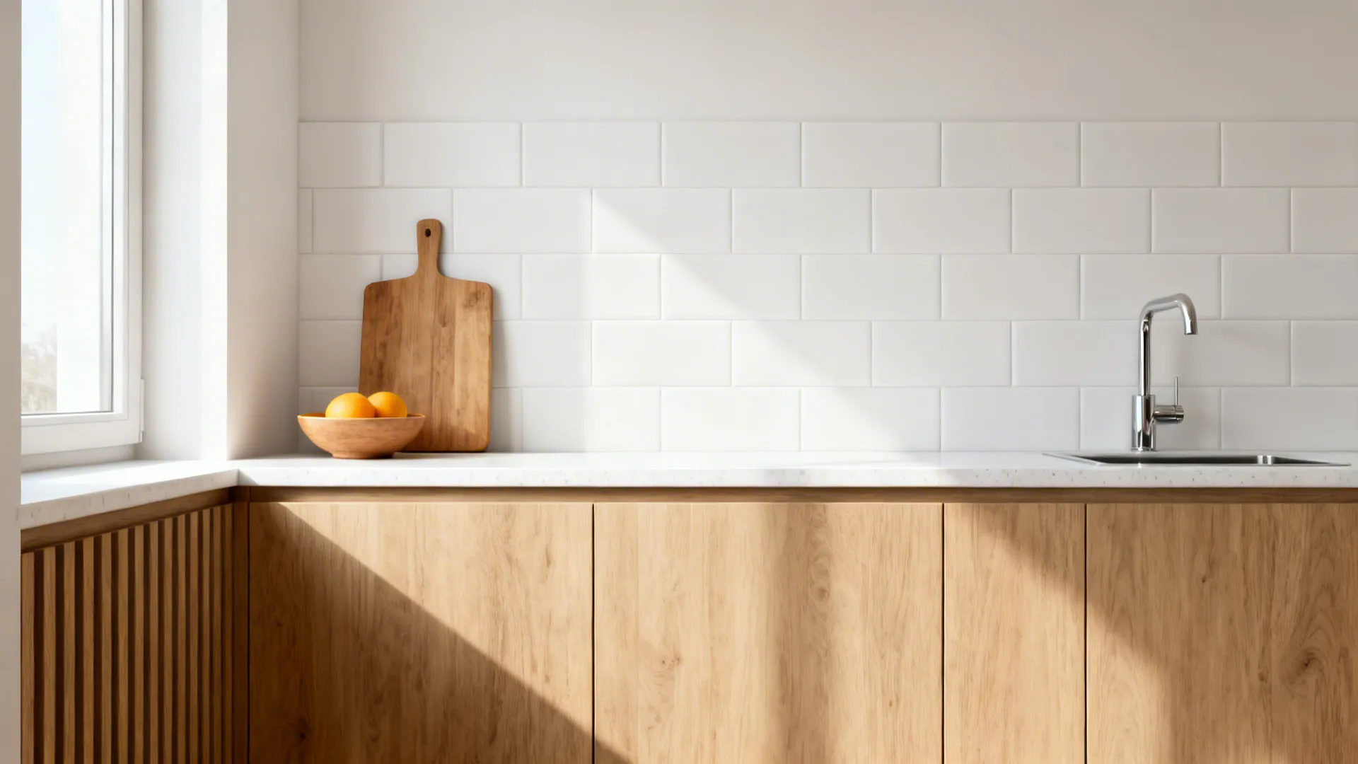 Modern kitchen interior with wooden cabinets white wall tiles marble countertop sink and soft light