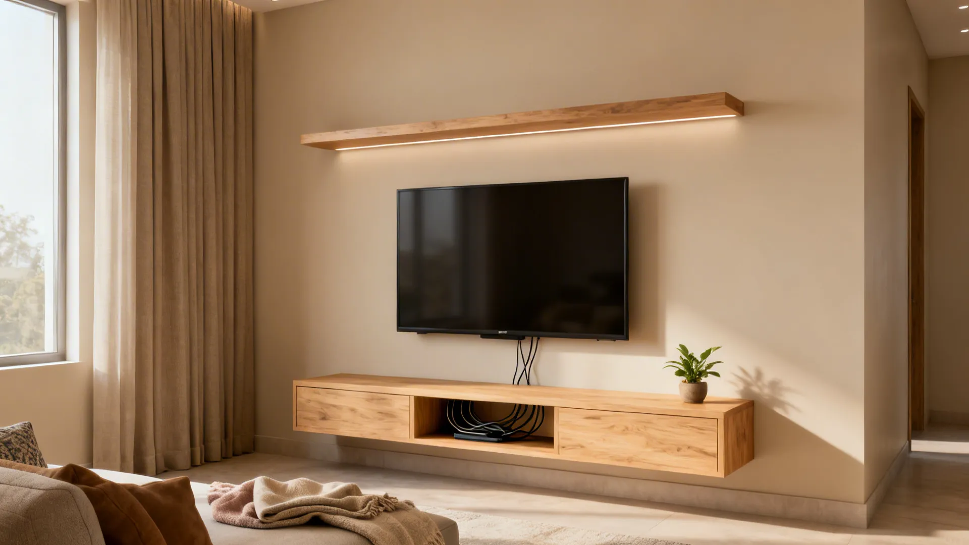 Modern living room with a wall mounted television plus floating wooden cabinet and top light