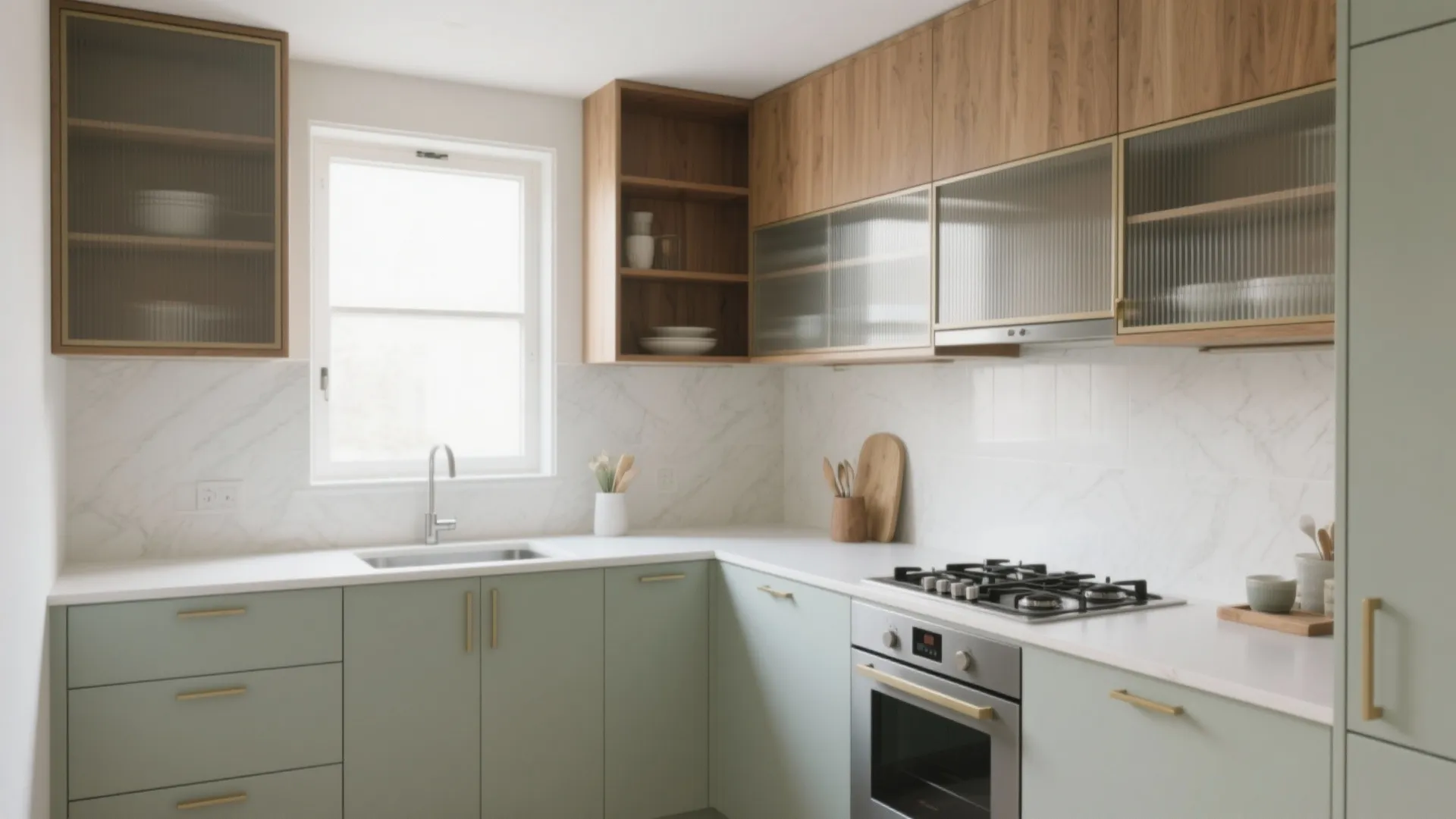 Light green kitchen cabinets with marble backsplash wooden upper cabinets and a built in oven
