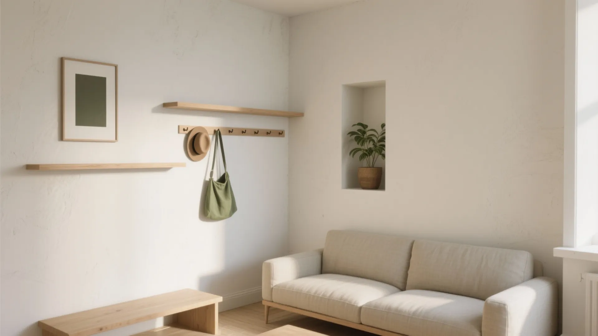 Minimalist living room with white walls wooden shelves beige sofa and a small potted plant