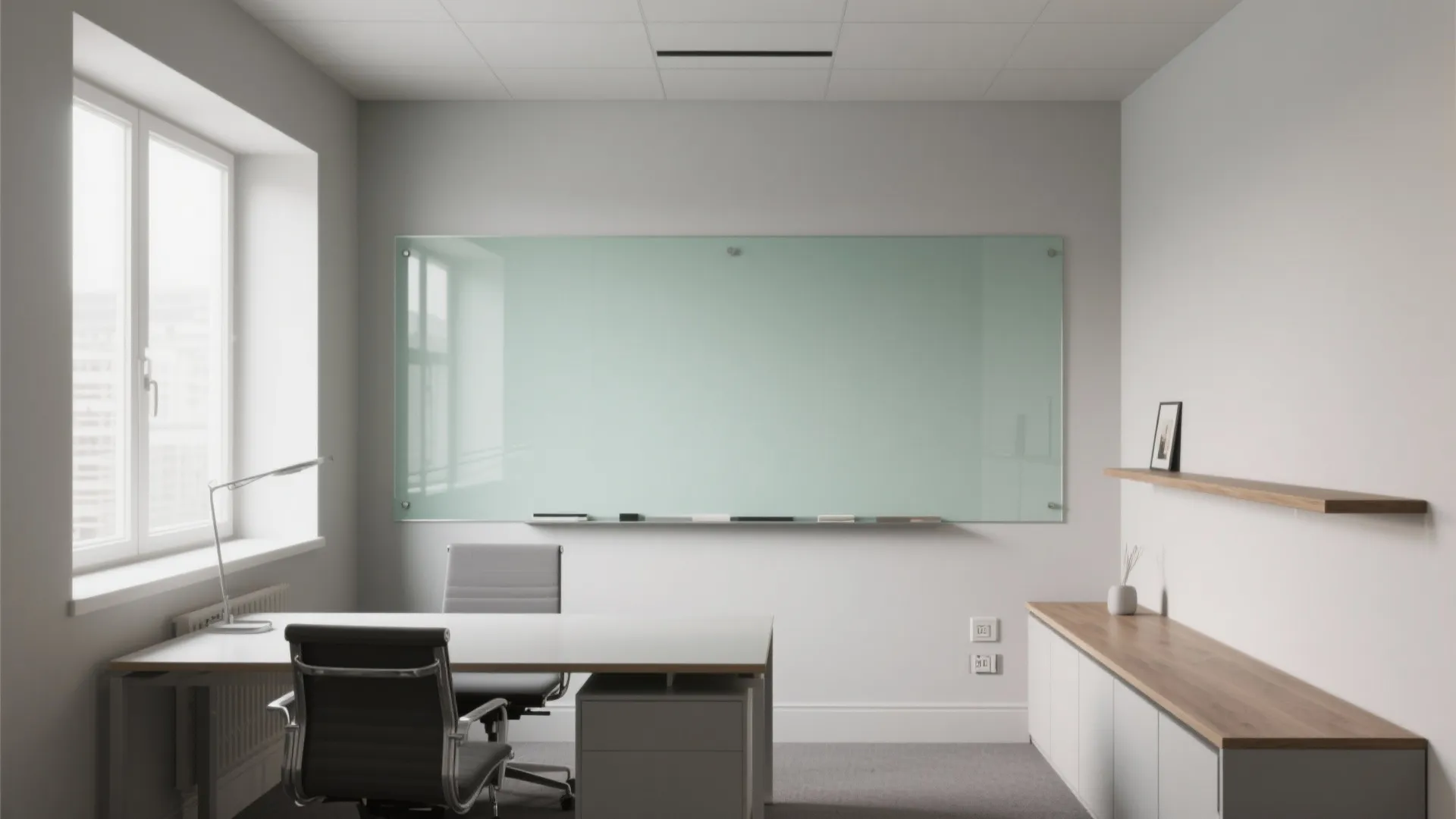Modern white home office with glass whiteboard wood desk grey chair window and natural light