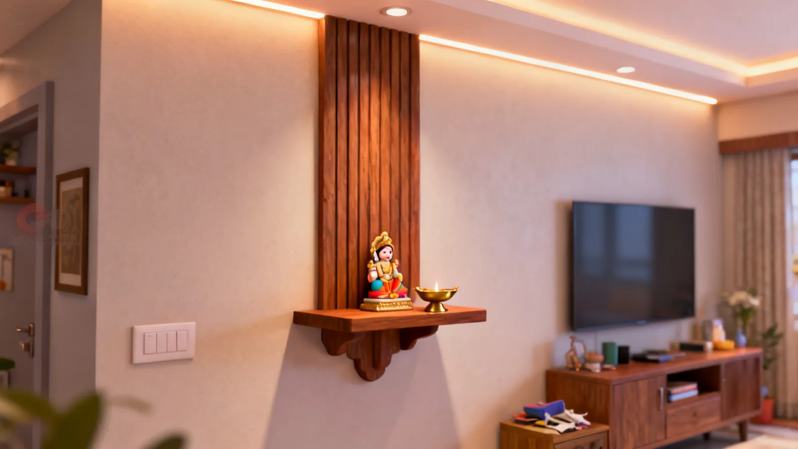 simple wooden wall mounted temple shelf with back panel and soft lighting