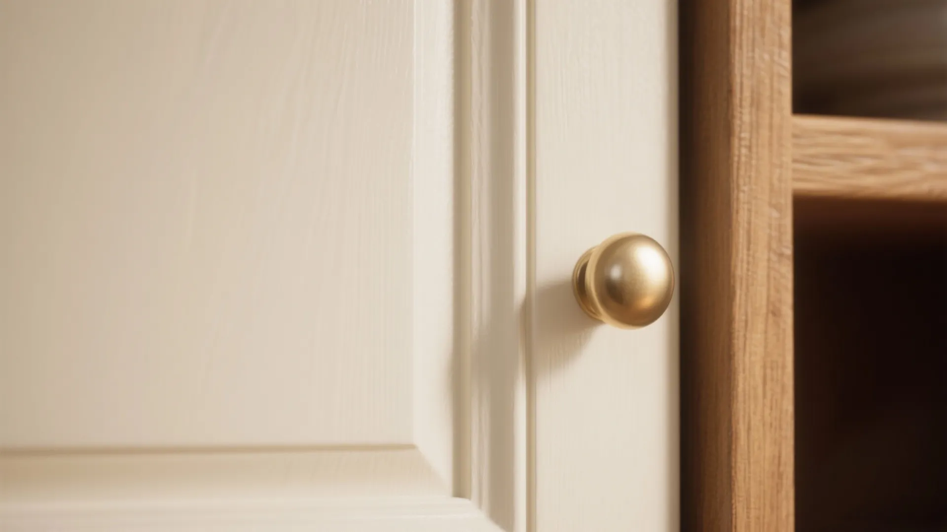 Macro view of a gold round handle on a white cabinet door next to wooden shelf