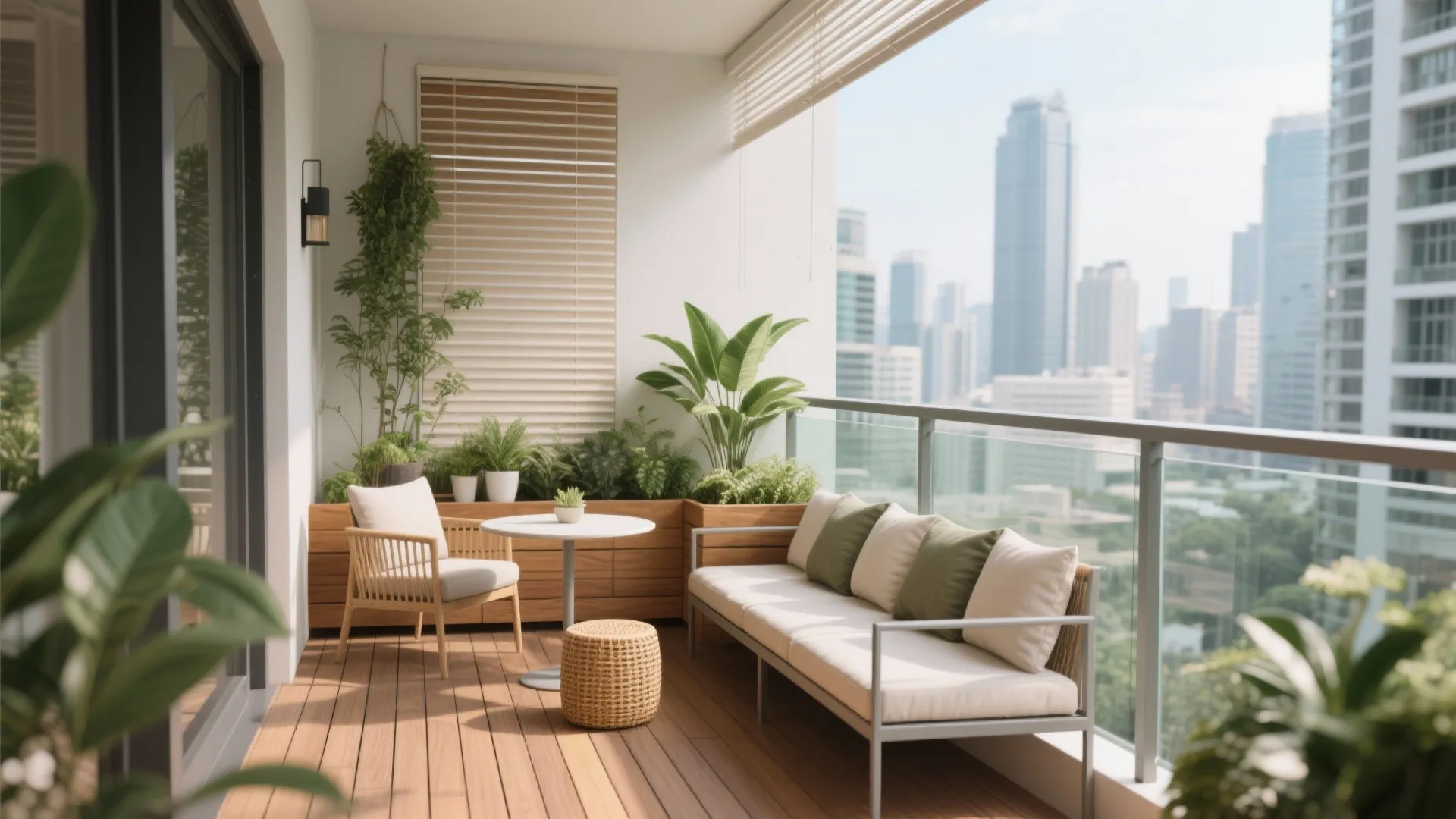 Modern balcony with white sofa wooden floor small round table wall light and city skyline view
