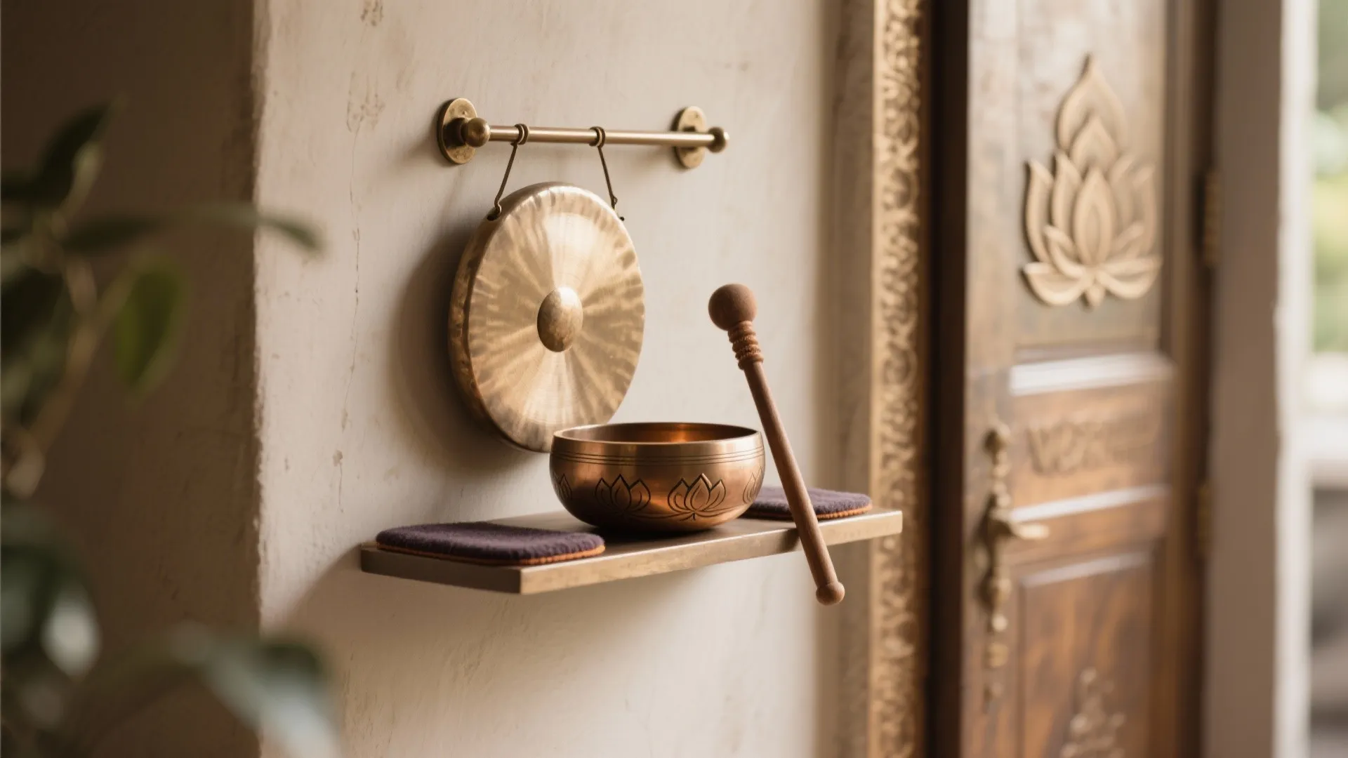 Wall-Mounted Gong or Singing Bowl for Meditative Entry