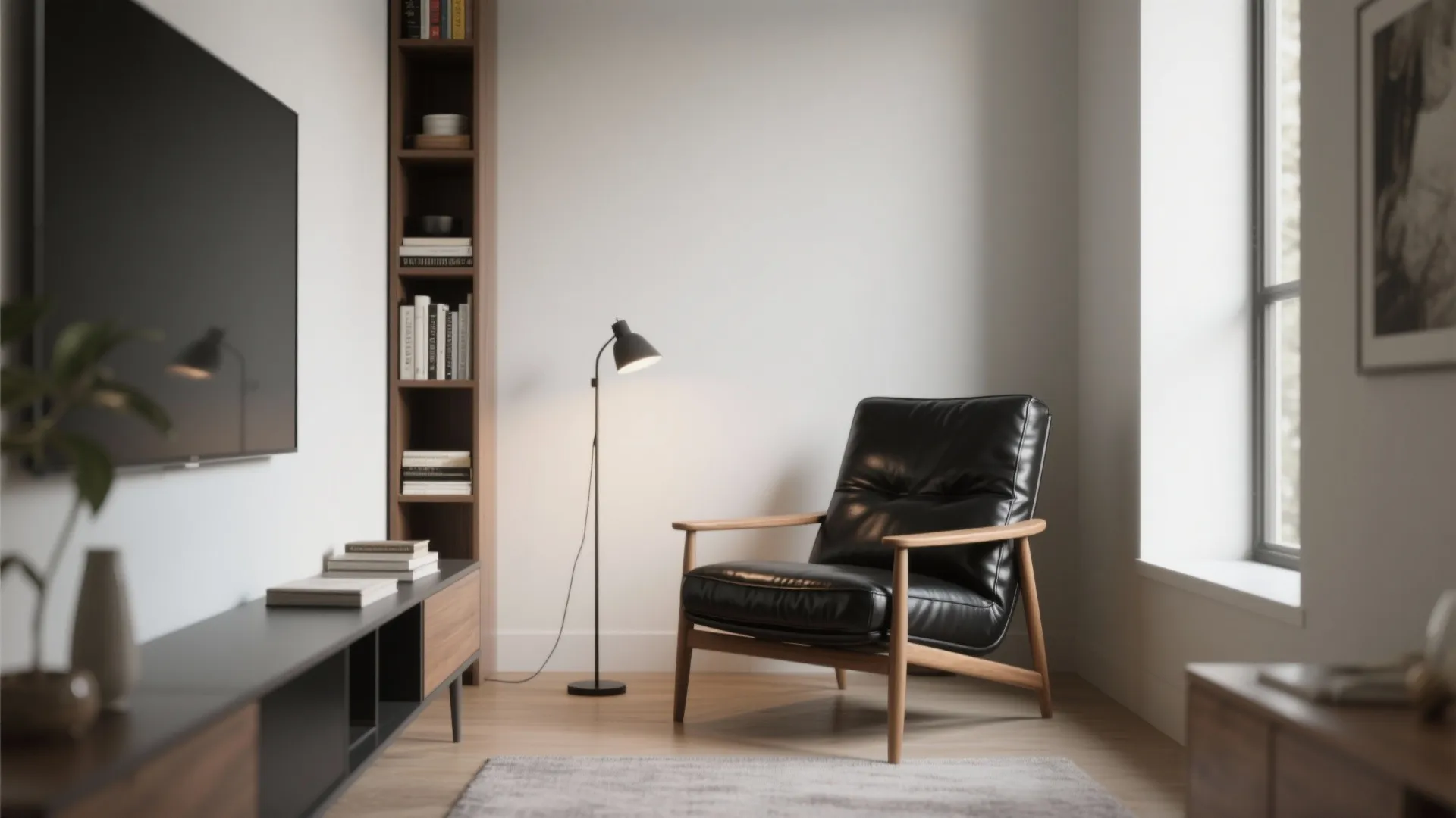 Single black leather accent chair placed next to a narrow bookshelf and slim console in a small living room.