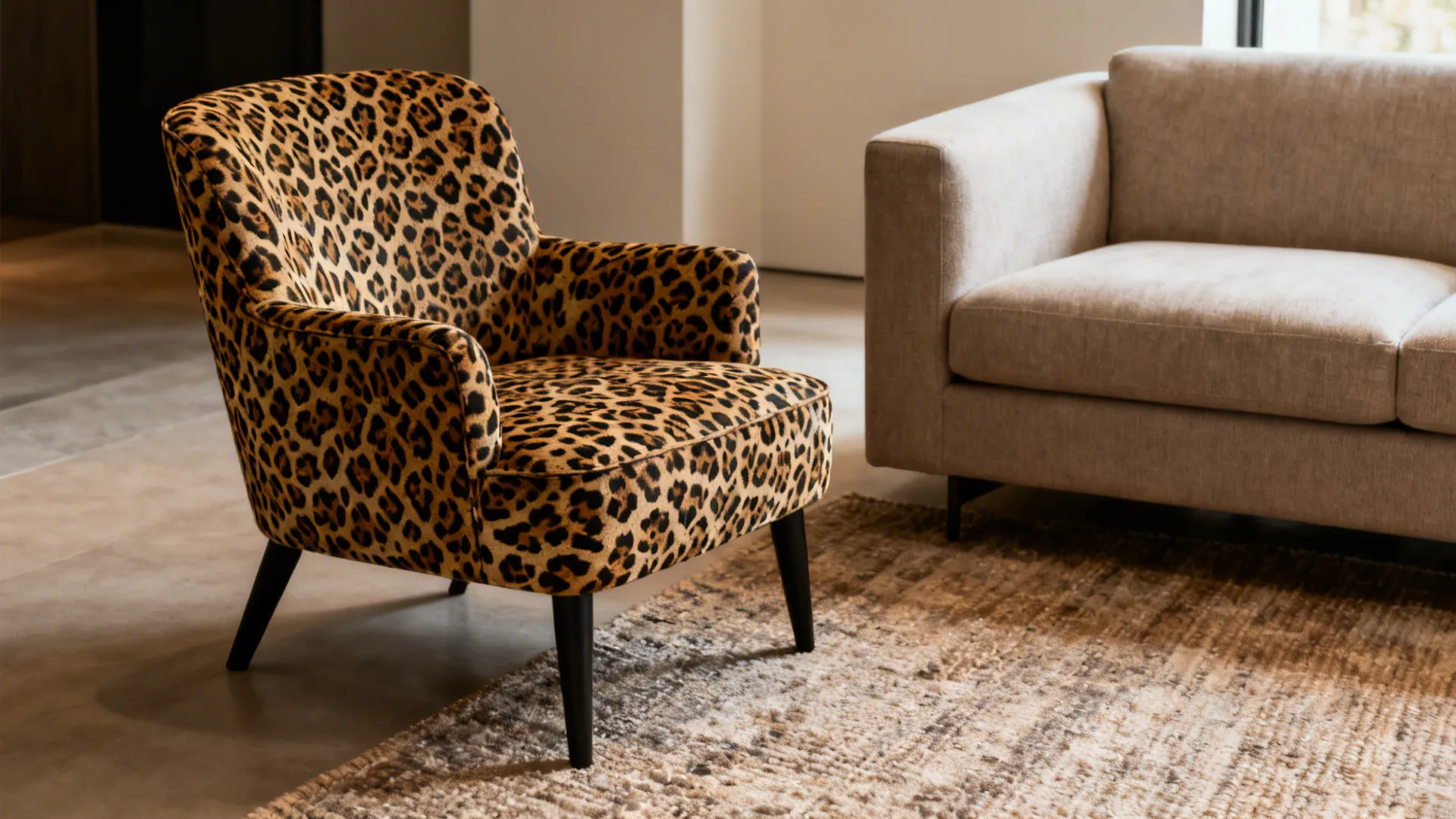 Leopard accent chair paired with a neutral sofa and textured rug in a cozy seating arrangement.