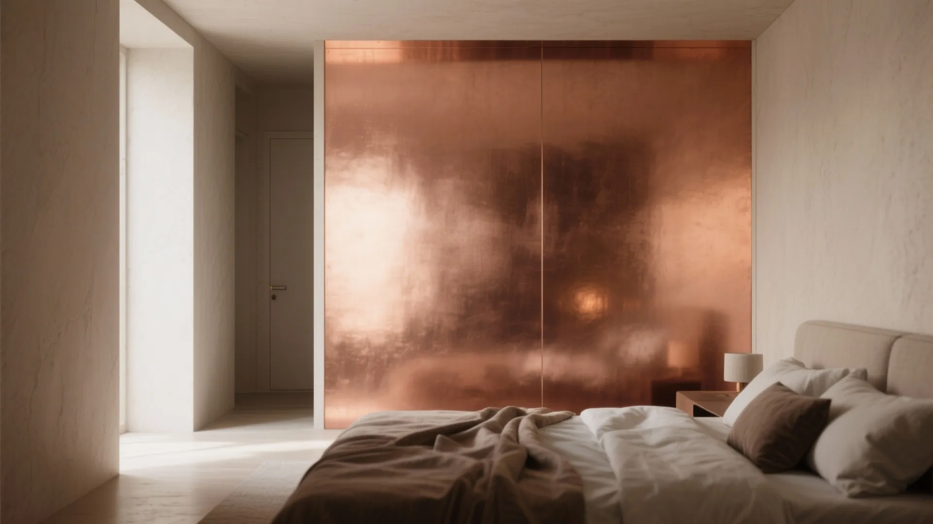 Single accent wall in soft metallic copper behind a bed, reflecting warm daylight.