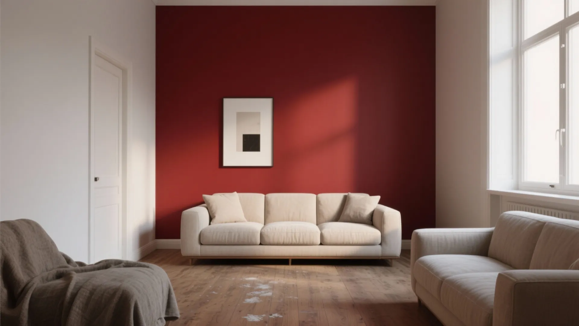 Modern living room with a red accent wall white sofa wooden floor and natural light