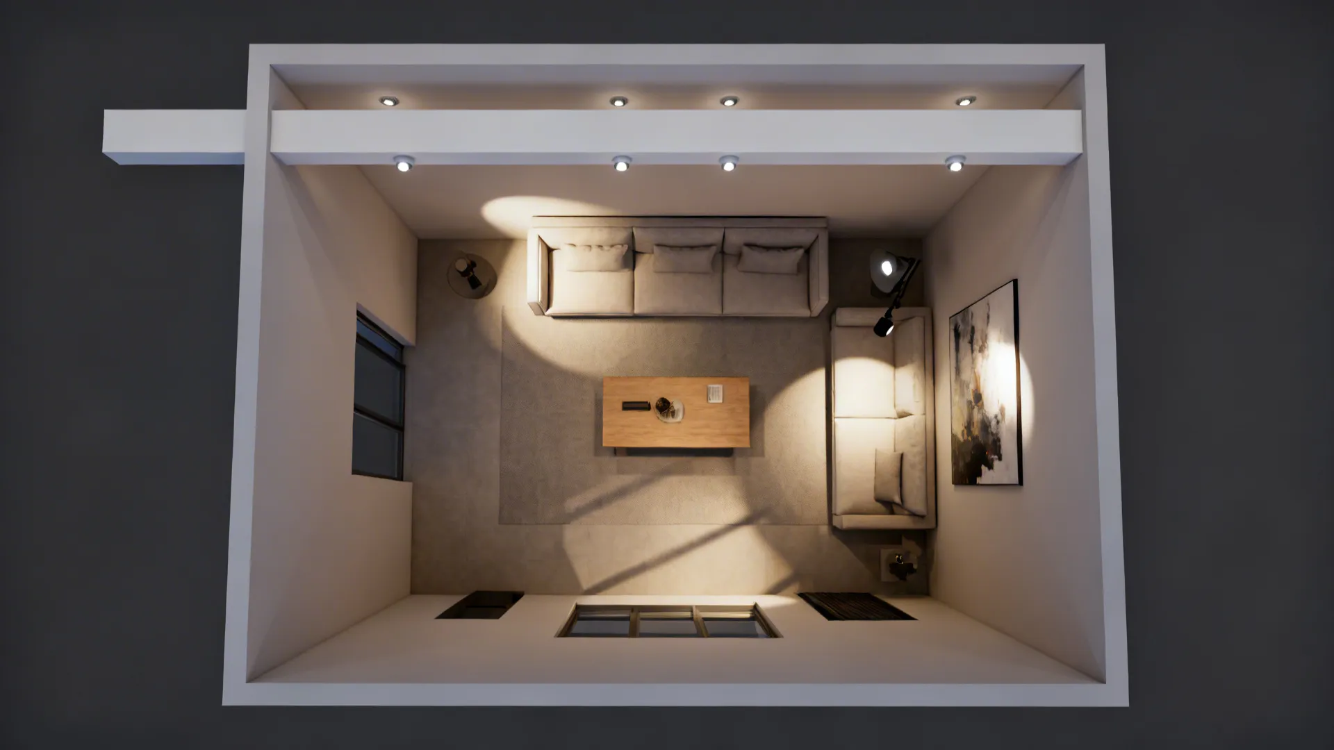 Top-down view of a small living room ceiling with one clean beam and micro recessed spotlights.