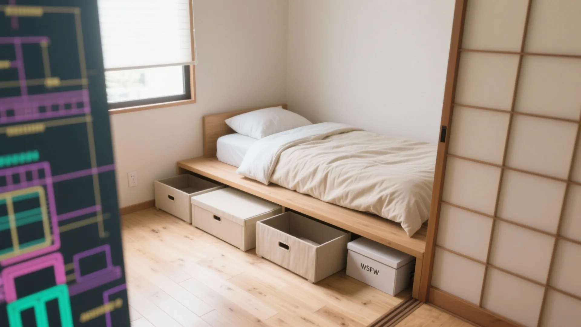 Tips 2: ベッド幅と向きを最適化し、収納術（収納テク）を床下に集約する