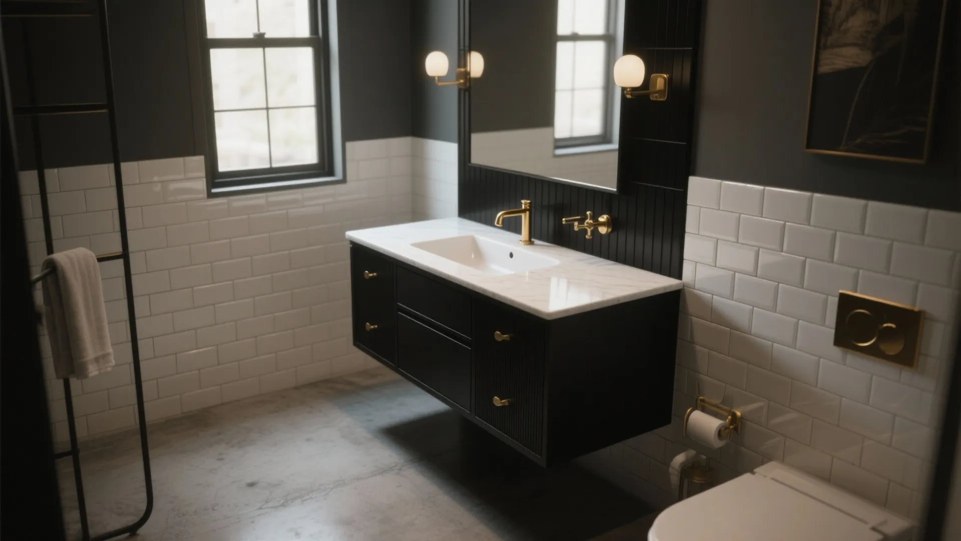 Modern bathroom featuring black floating cabinet with marble top plus gold faucet and wall lights